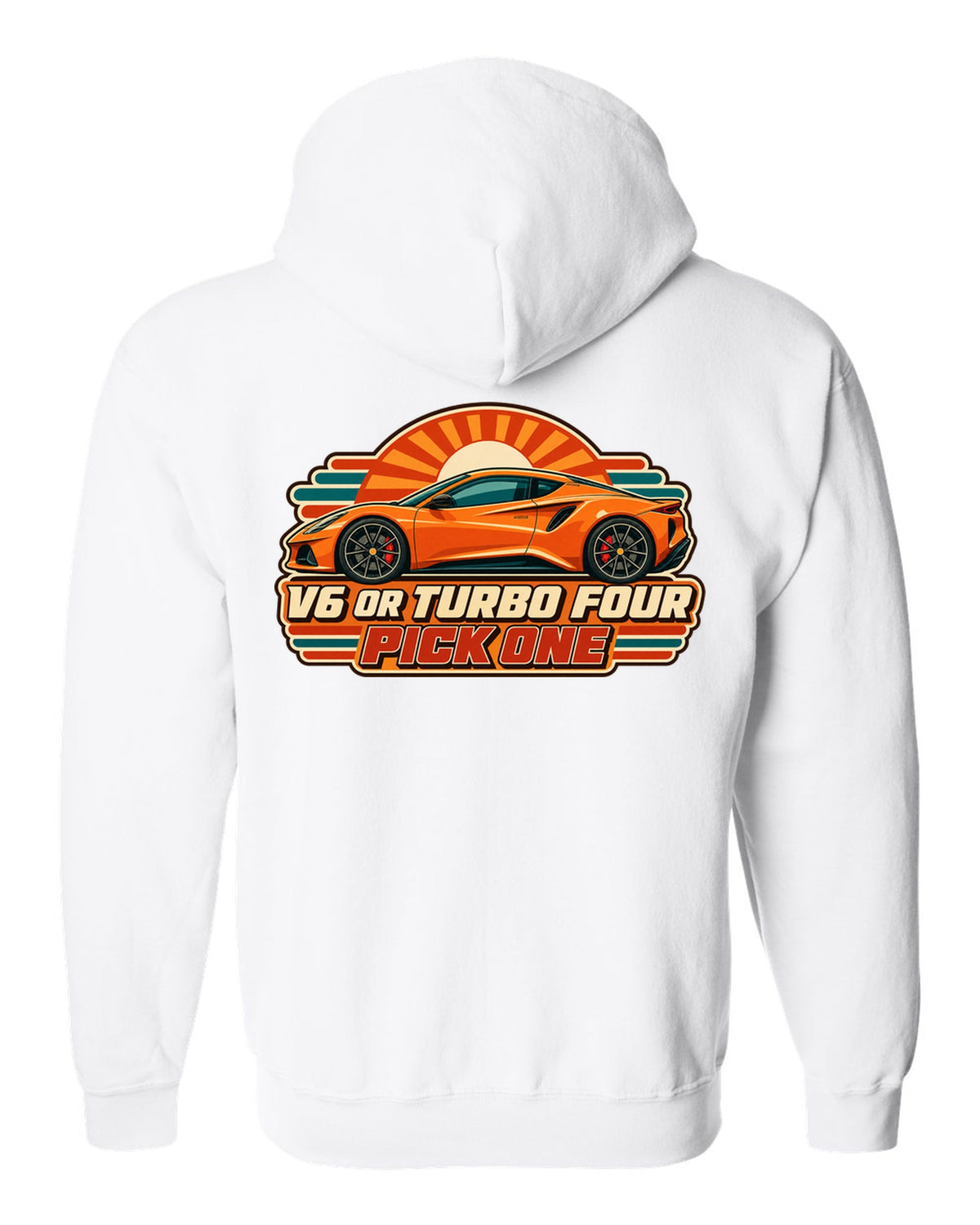 Lotus Emira in retro Japanese showa ad style with V6 OR TURBO FOUR PICK ONE lettering white zip hoodie back view with the design