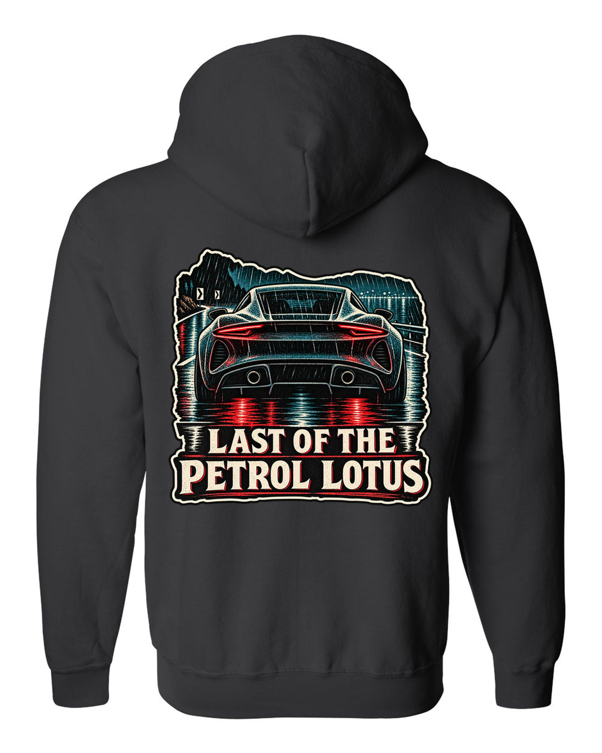 Lotus Emira in linocut woodcut style with LAST OF THE PETROL LOTUS lettering black zip hoodie back view with the design
