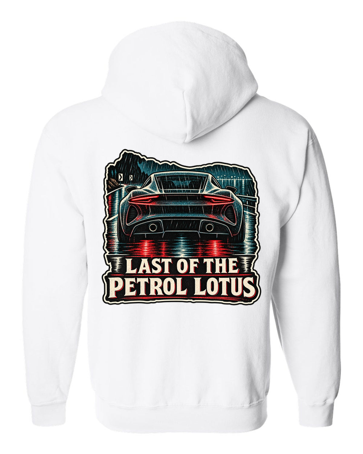 Lotus Emira in linocut woodcut style with LAST OF THE PETROL LOTUS lettering white zip hoodie back view with the design