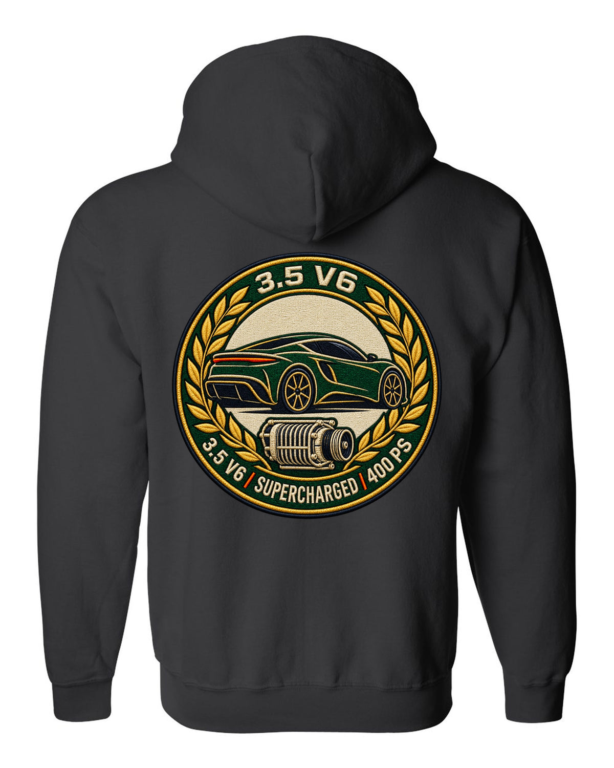 Lotus Emira varsity crest with 3.5 V6 SUPERCHARGED 400 PS lettering black zip hoodie back view with the design