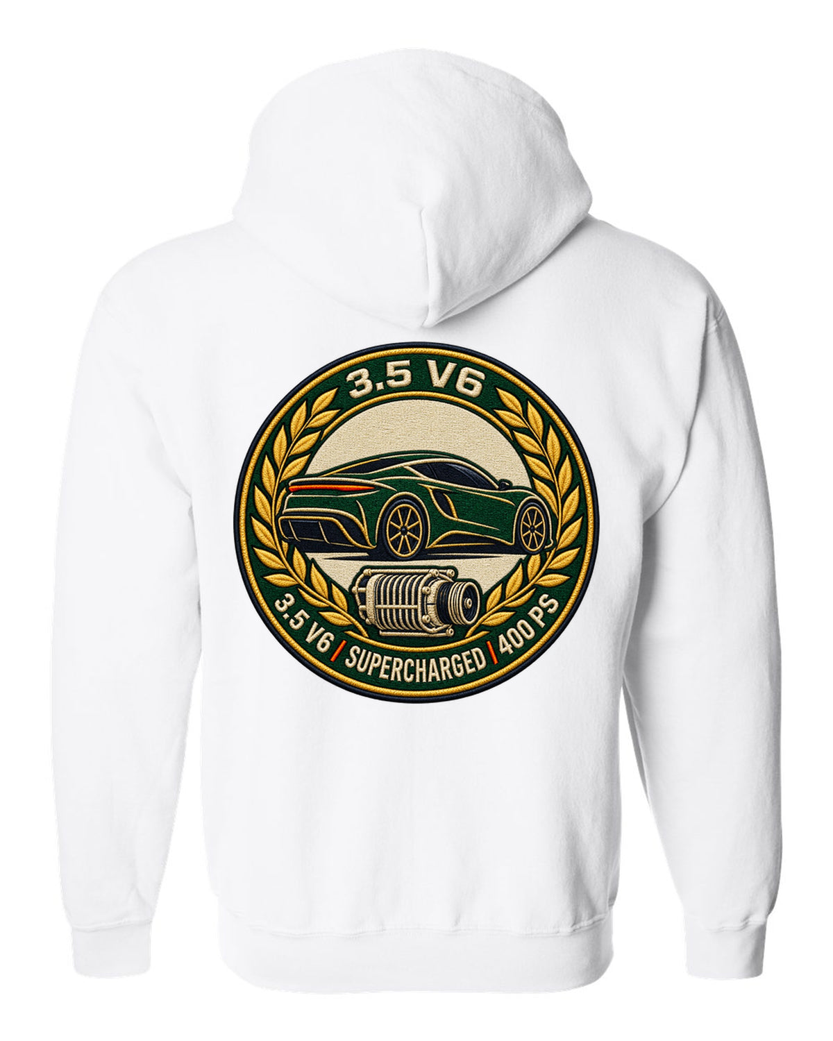 Lotus Emira varsity crest with 3.5 V6 SUPERCHARGED 400 PS lettering white zip hoodie back view with the design
