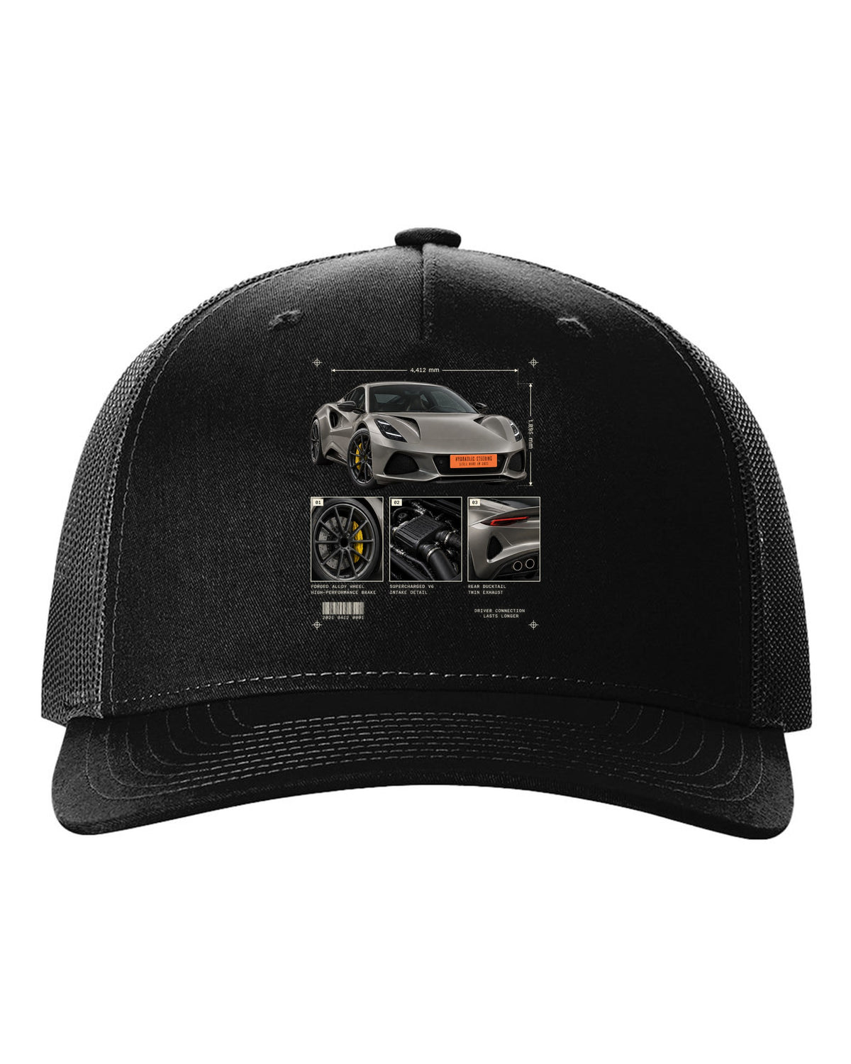 Lotus Emira V6 2021 hero view with three detail panels print with hydraulic steering text black hat front view with the design