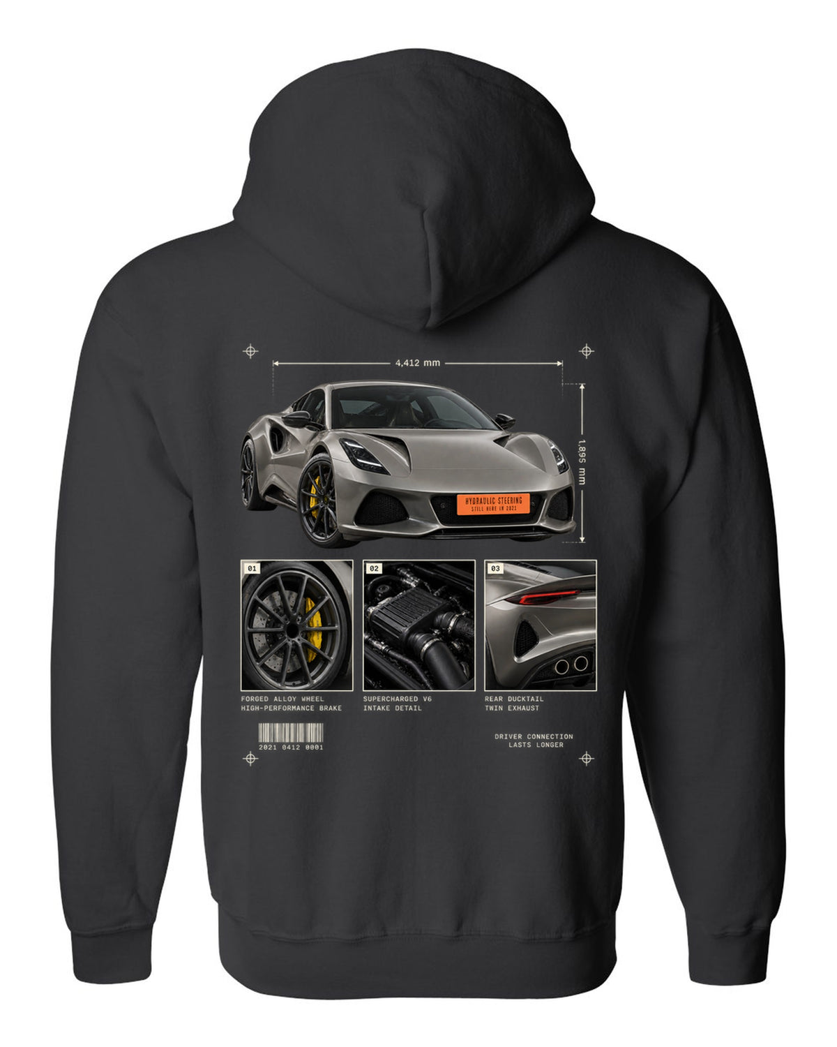 Lotus Emira V6 2021 hero view with three detail panels print with hydraulic steering text black zip hoodie back view with the design