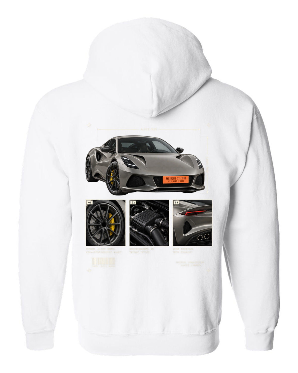 Lotus Emira V6 2021 hero view with three detail panels print with hydraulic steering text white zip hoodie back view with the design