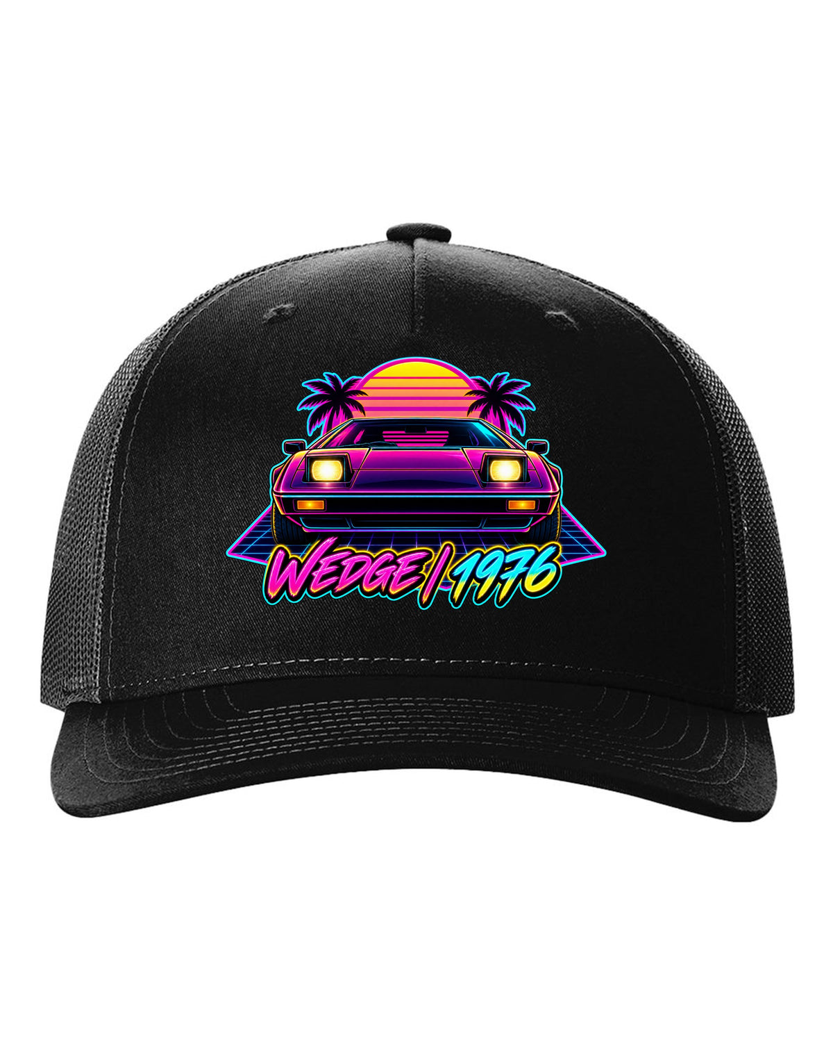 Lotus Esprit 1976 wedge in synthwave neon with WEDGE 1976 lettering black hat front view with the design