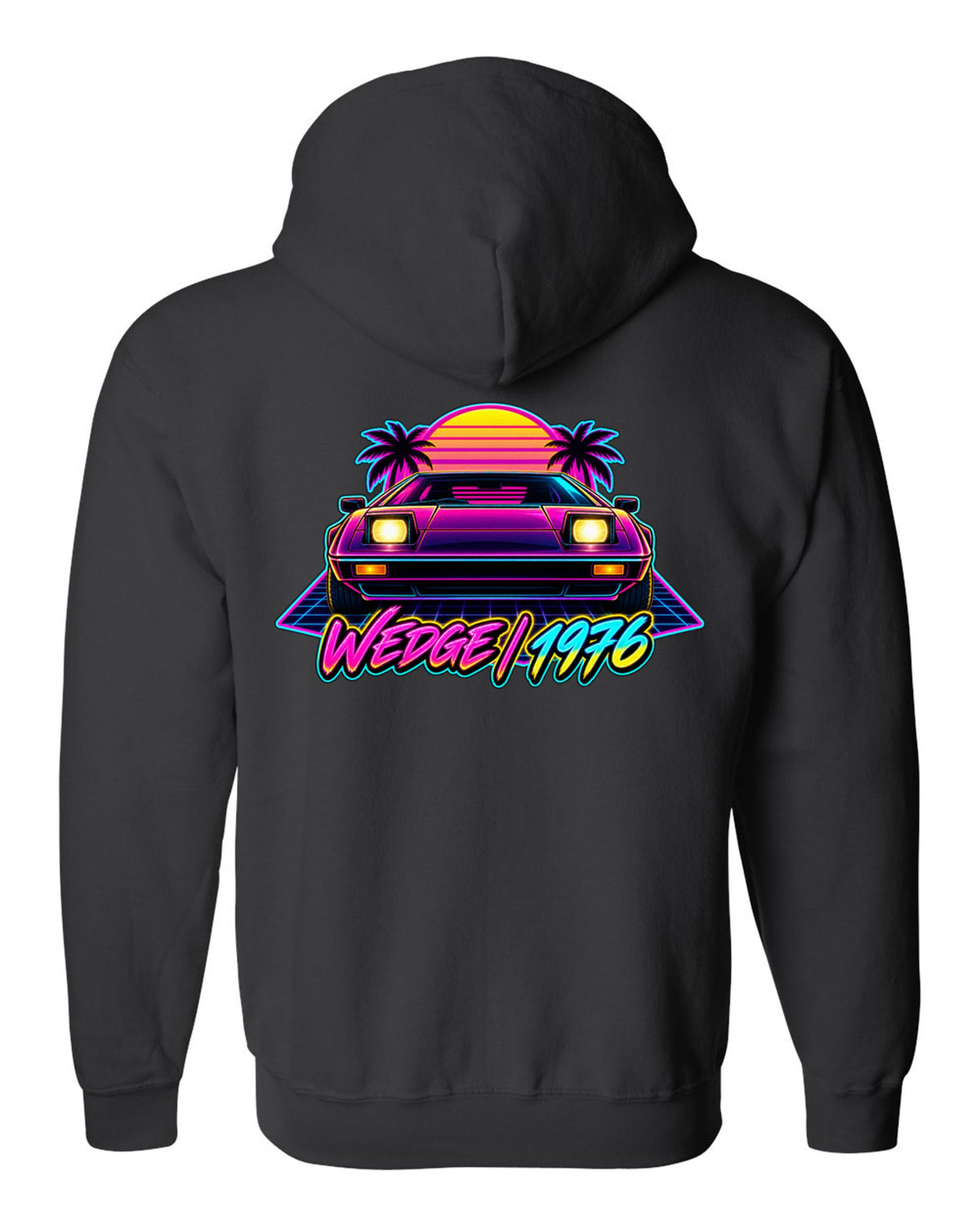 Lotus Esprit 1976 wedge in synthwave neon with WEDGE 1976 lettering black zip hoodie back view with the design