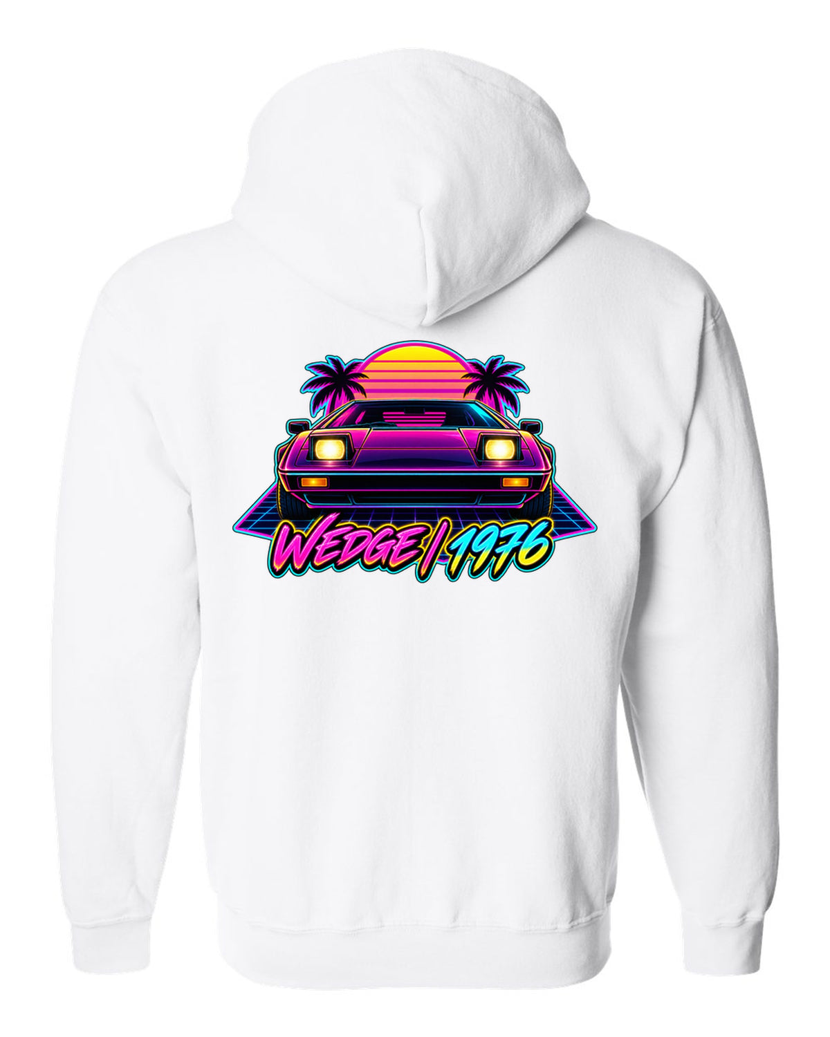 Lotus Esprit 1976 wedge in synthwave neon with WEDGE 1976 lettering white zip hoodie back view with the design