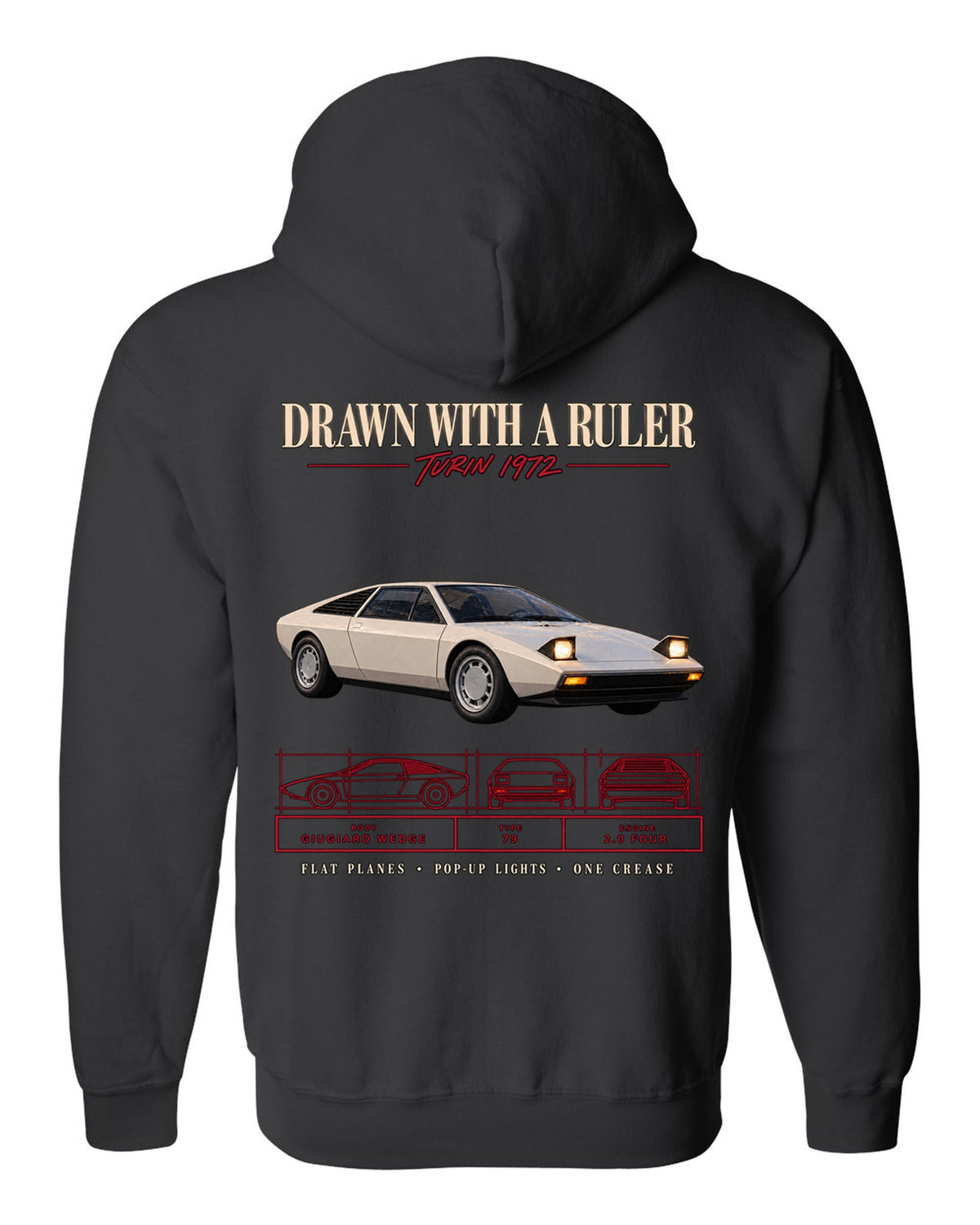 Archive panel print of a 1976 Lotus Esprit S1 Type 79 with Giugiaro wedge text black zip hoodie back view with the design