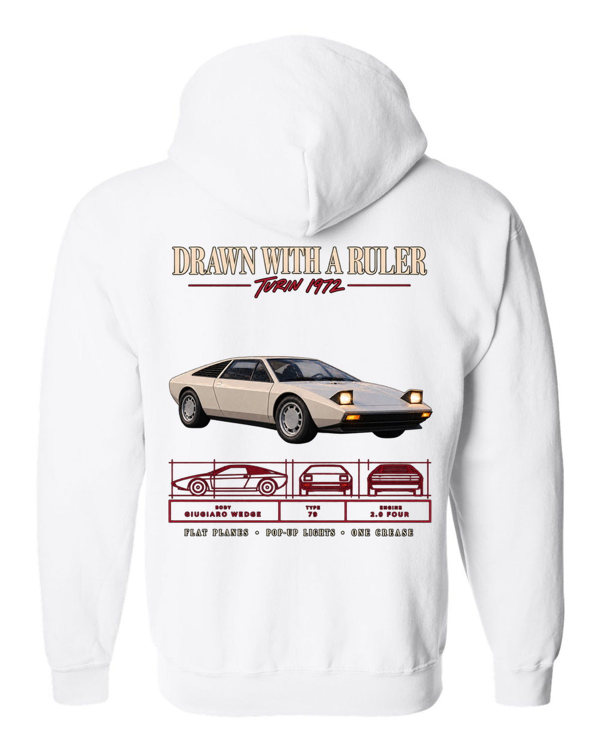 Archive panel print of a 1976 Lotus Esprit S1 Type 79 with Giugiaro wedge text white zip hoodie back view with the design