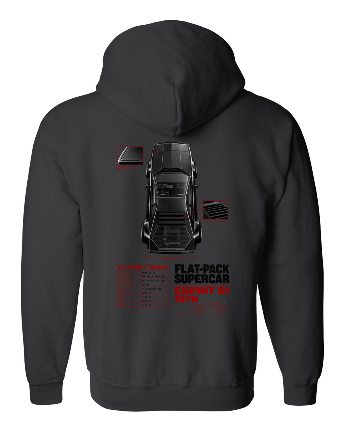 Lotus Esprit S1 top-down spec poster with 2.0 four and 160 bhp black zip hoodie back view with the design