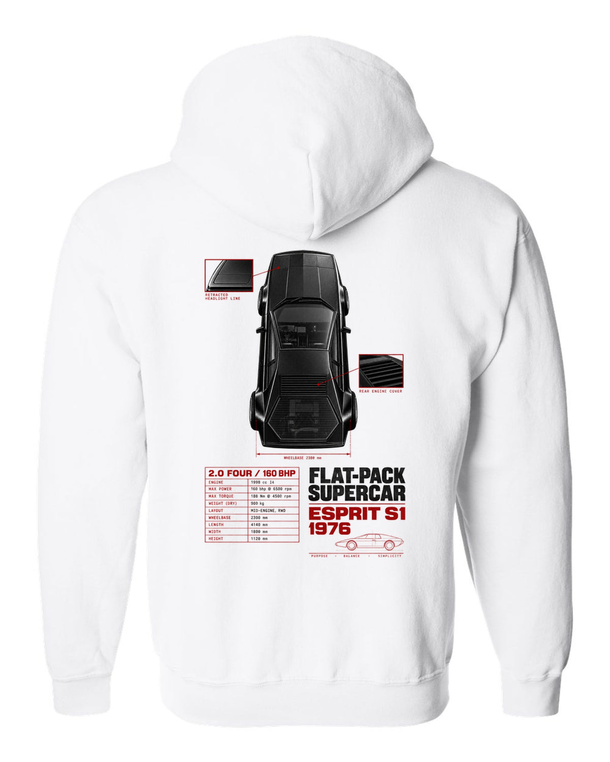 Lotus Esprit S1 top-down spec poster with 2.0 four and 160 bhp white zip hoodie back view with the design
