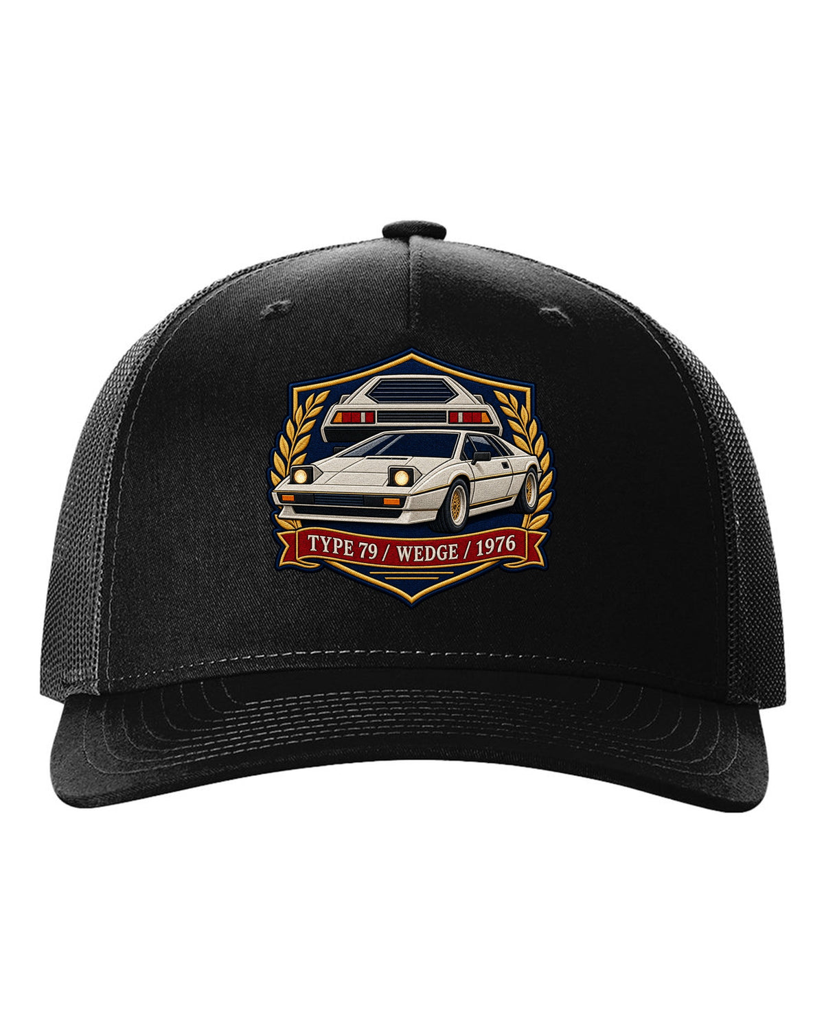 Lotus Esprit Type 79 varsity crest with TYPE 79 WEDGE 1976 lettering black hat front view with the design