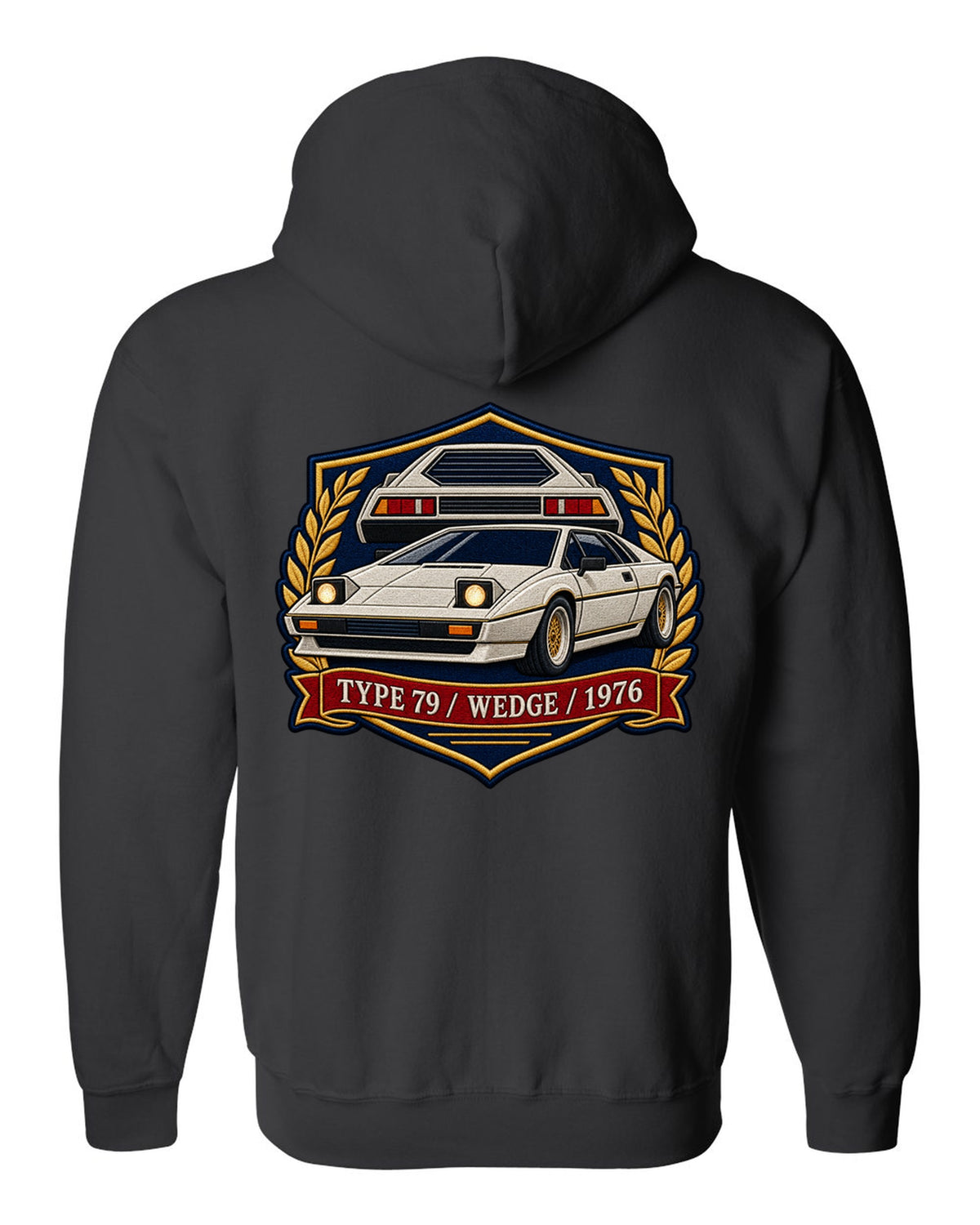 Lotus Esprit Type 79 varsity crest with TYPE 79 WEDGE 1976 lettering black zip hoodie back view with the design