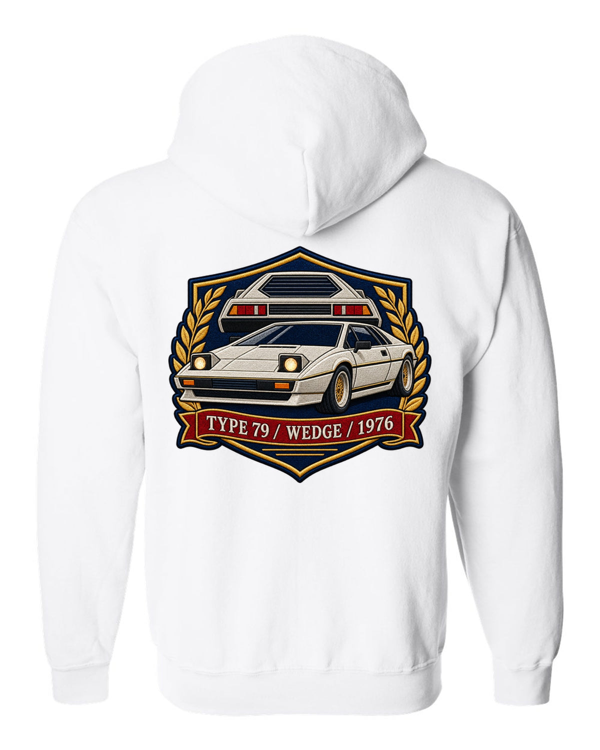 Lotus Esprit Type 79 varsity crest with TYPE 79 WEDGE 1976 lettering white zip hoodie back view with the design