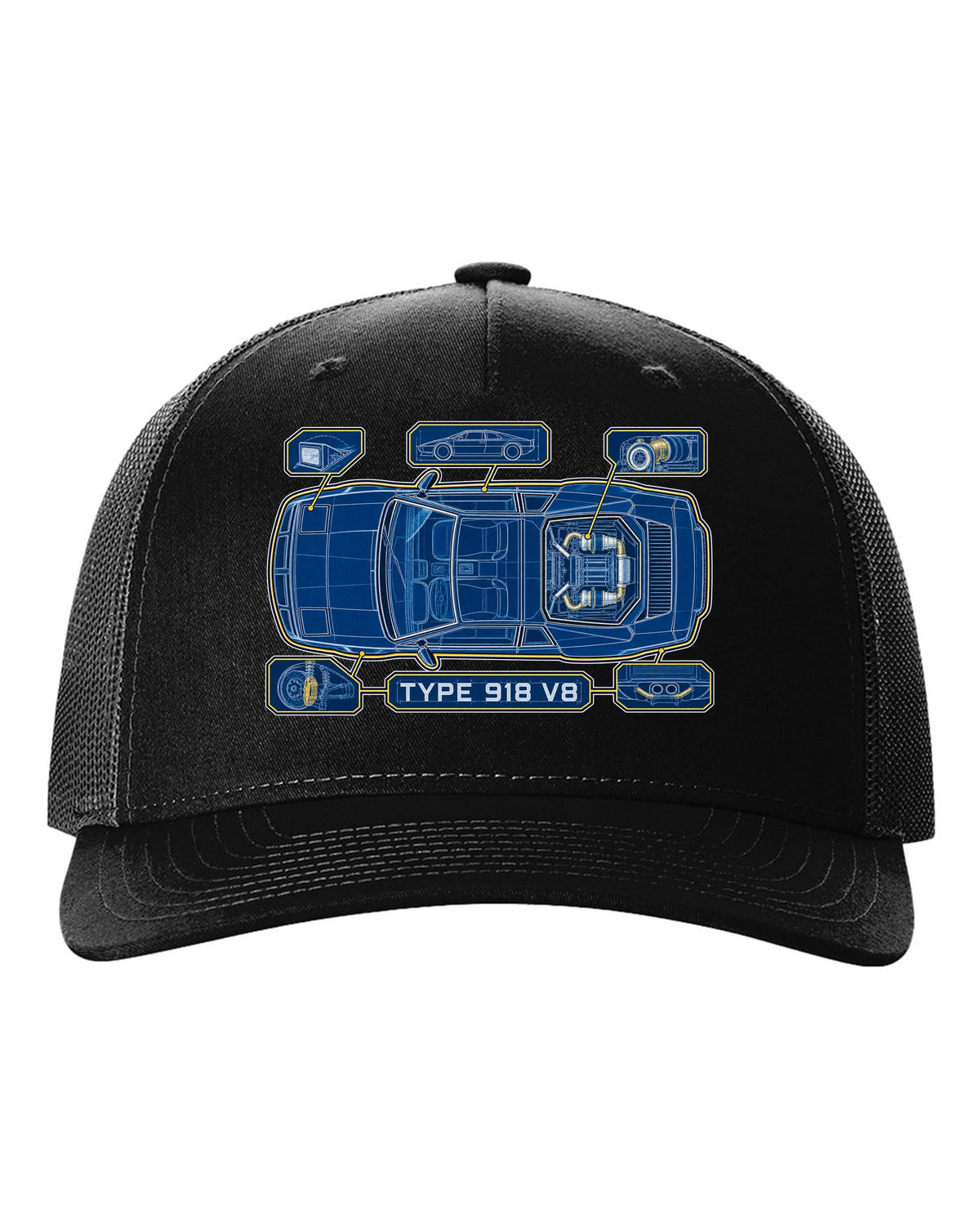Lotus Esprit V8 cyanotype blueprint with TYPE 918 V8 lettering black hat front view with the design