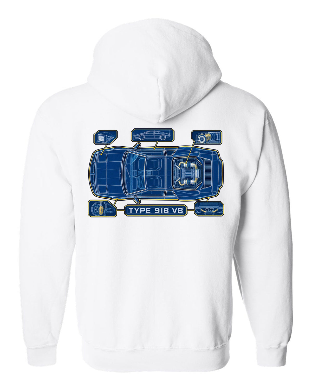 Lotus Esprit V8 cyanotype blueprint with TYPE 918 V8 lettering white zip hoodie back view with the design