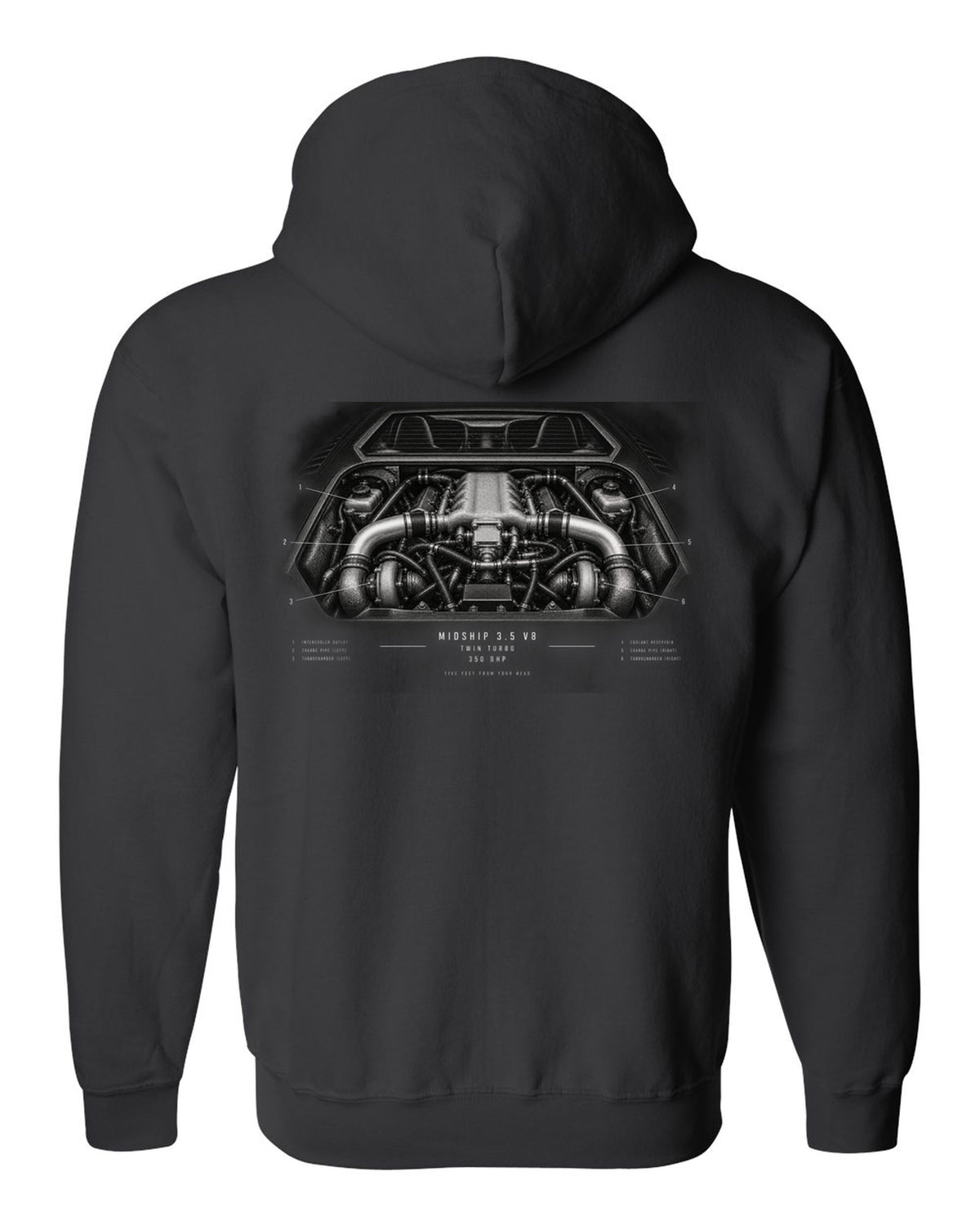 Engine hero print of a 1996 Lotus Esprit V8 with twin-turbo midship 3.5 V8 text black zip hoodie back view with the design