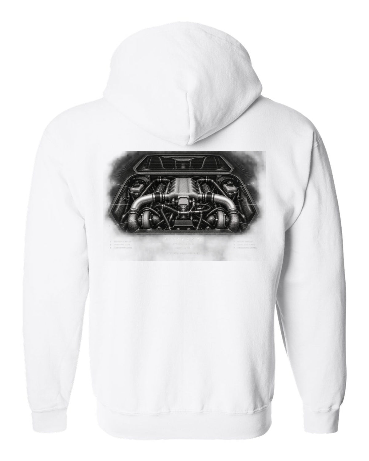 Engine hero print of a 1996 Lotus Esprit V8 with twin-turbo midship 3.5 V8 text white zip hoodie back view with the design