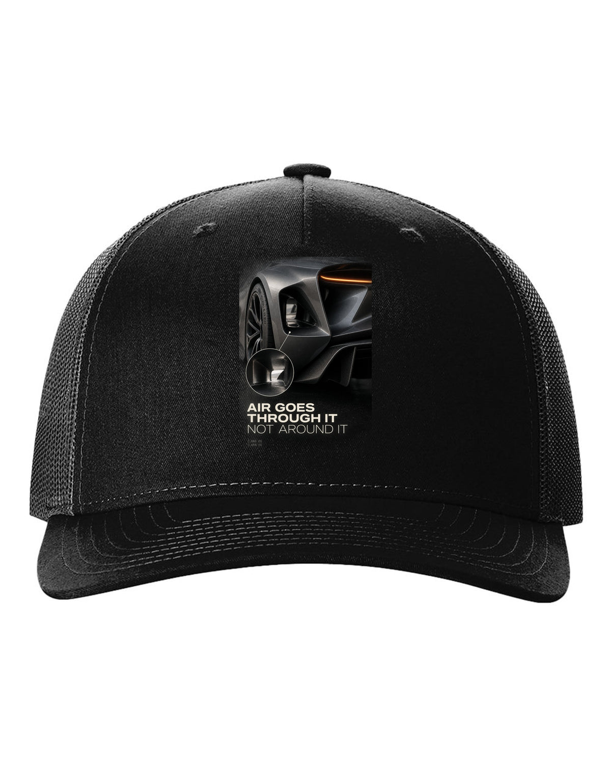 Lotus Evija rear three-quarter tunnel macro print with air goes through it text black hat front view with the design