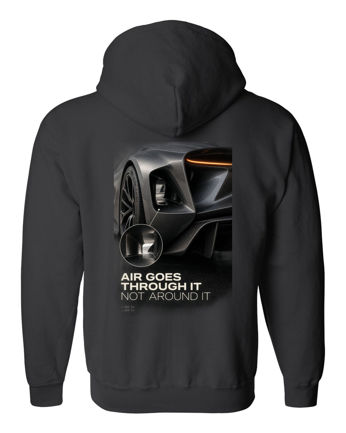 Lotus Evija rear three-quarter tunnel macro print with air goes through it text black zip hoodie back view with the design