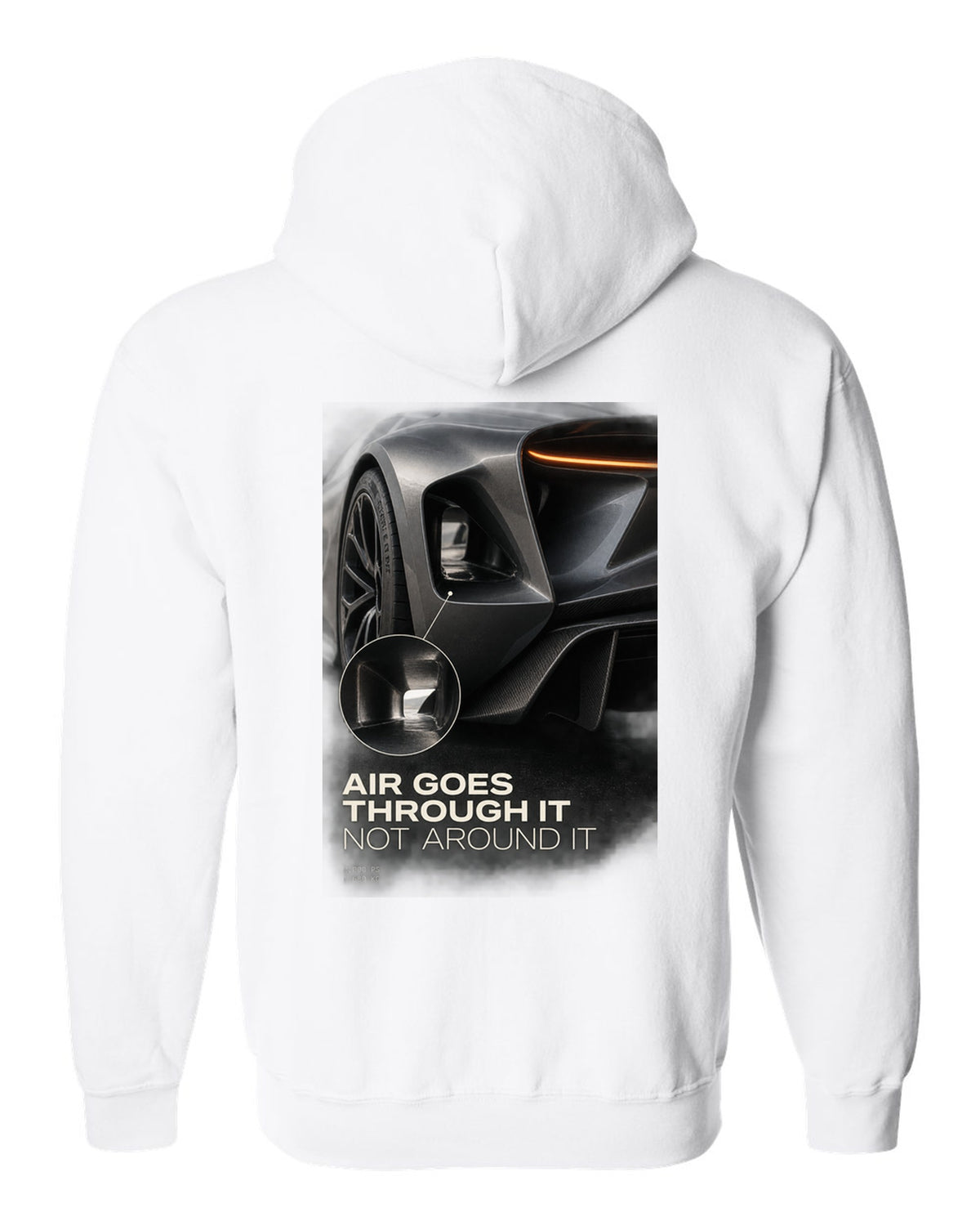 Lotus Evija rear three-quarter tunnel macro print with air goes through it text white zip hoodie back view with the design