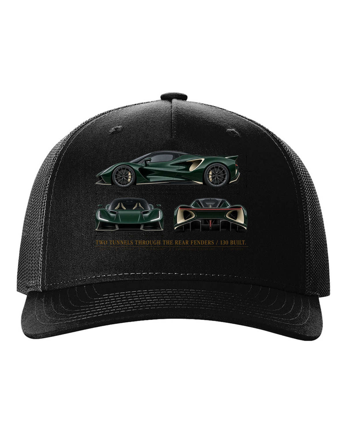 Lotus Evija three-view spec sheet print with two tunnels through the rear fenders and 130 built text black hat front view with the design