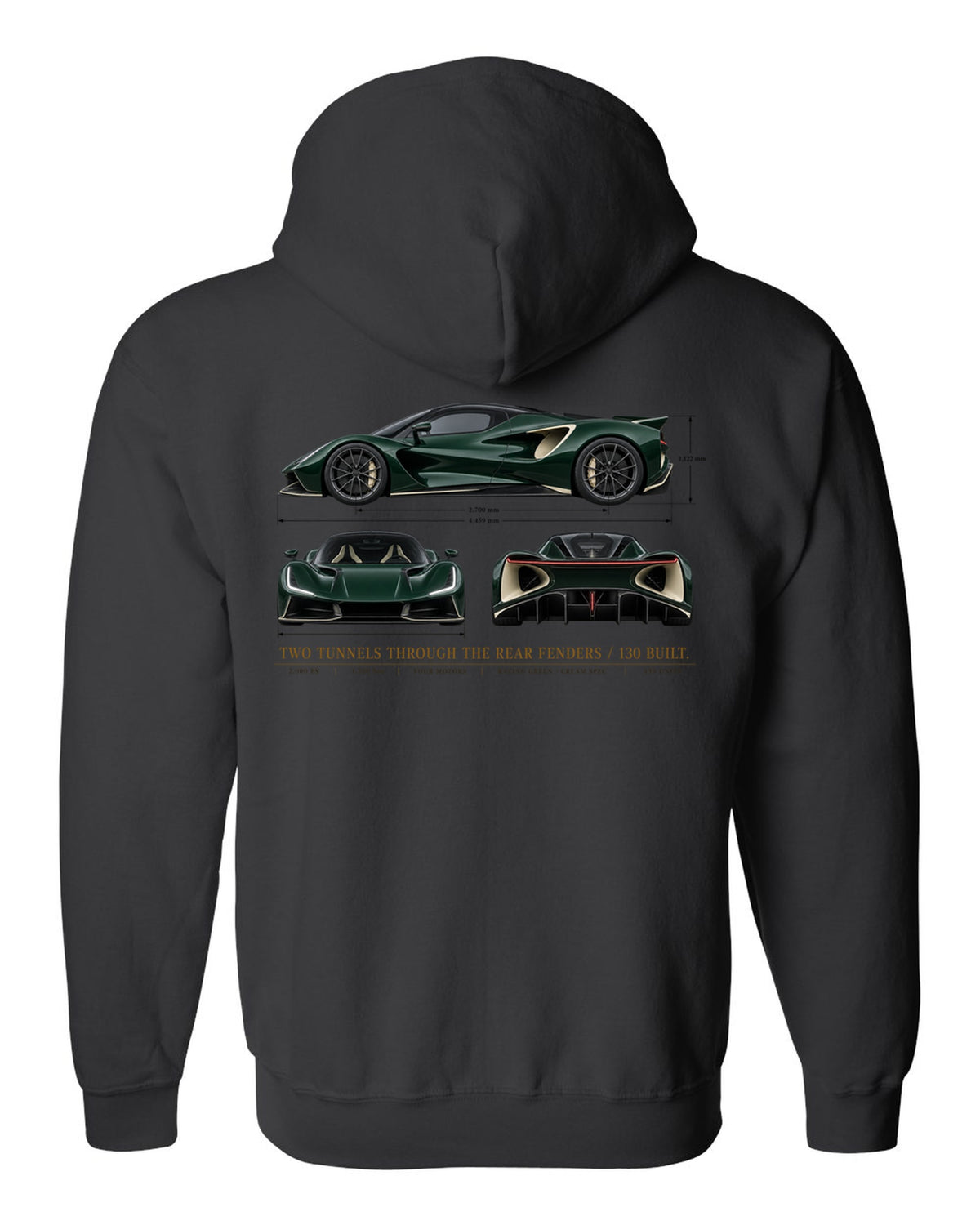 Lotus Evija three-view spec sheet print with two tunnels through the rear fenders and 130 built text black zip hoodie back view with the design
