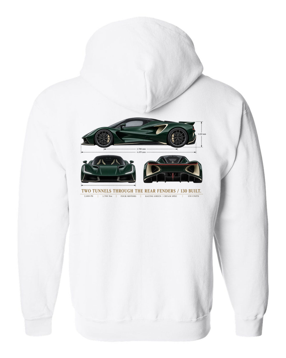 Lotus Evija three-view spec sheet print with two tunnels through the rear fenders and 130 built text white zip hoodie back view with the design
