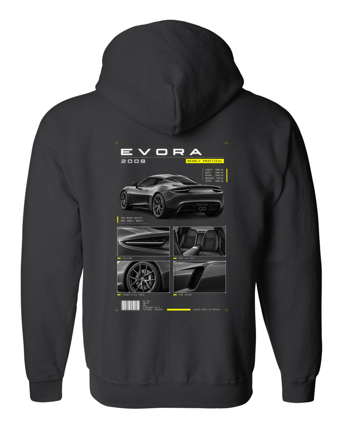 Lotus Evora 2008 dossier panels print black zip hoodie back view with the design