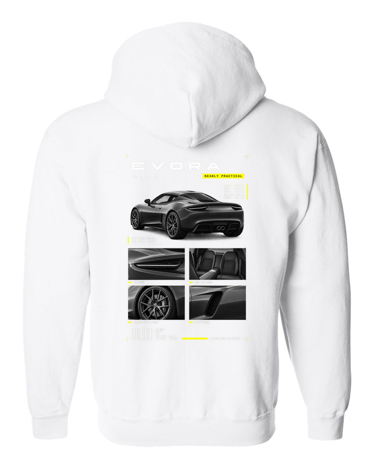 Lotus Evora 2008 dossier panels print white zip hoodie back view with the design