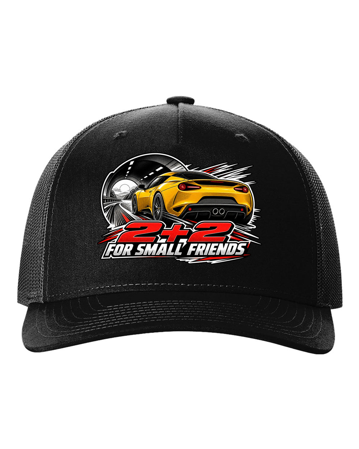 Lotus Evora rear view in retro manga halftone with 2+2 FOR SMALL FRIENDS lettering black hat front view with the design