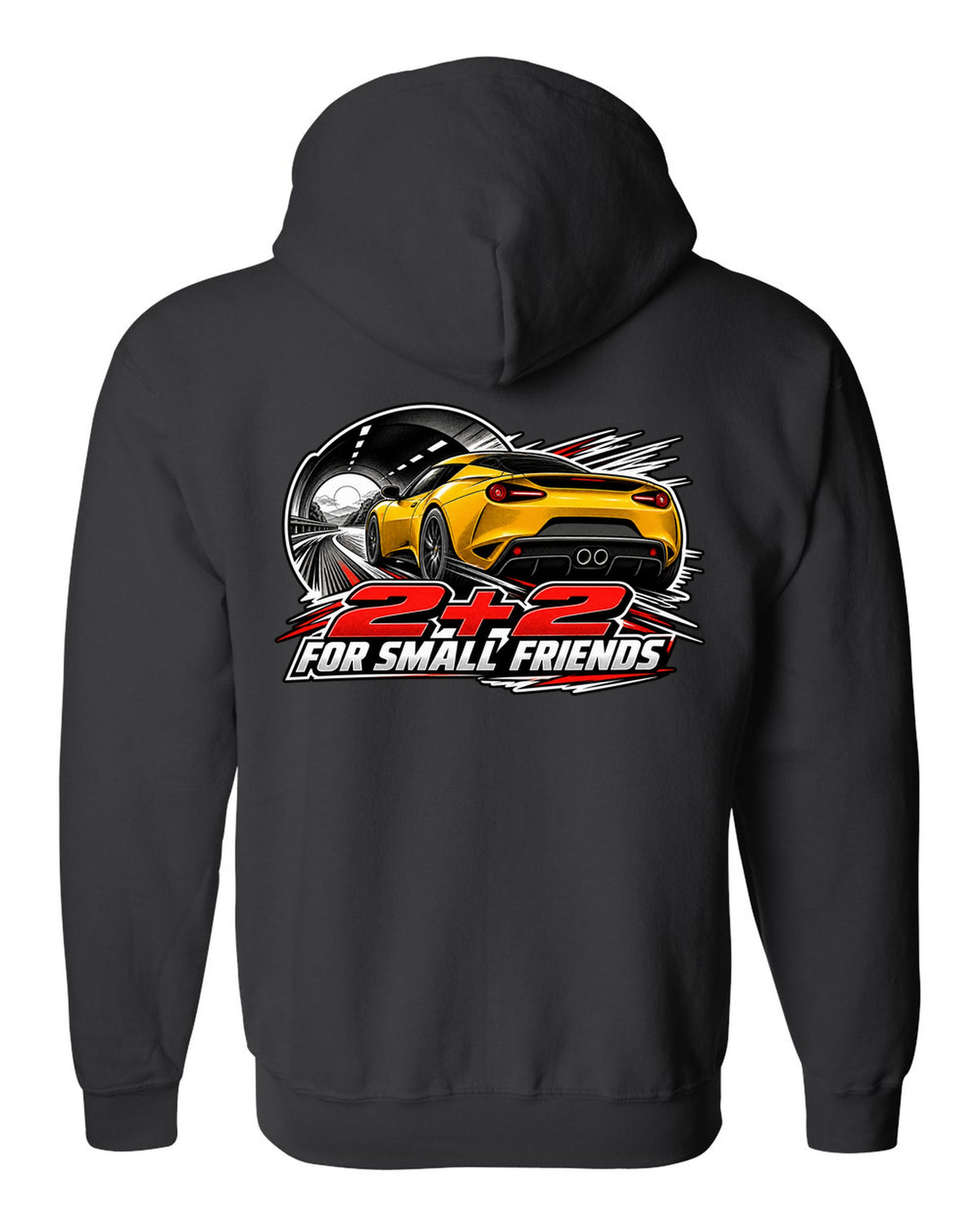 Lotus Evora rear view in retro manga halftone with 2+2 FOR SMALL FRIENDS lettering black zip hoodie back view with the design