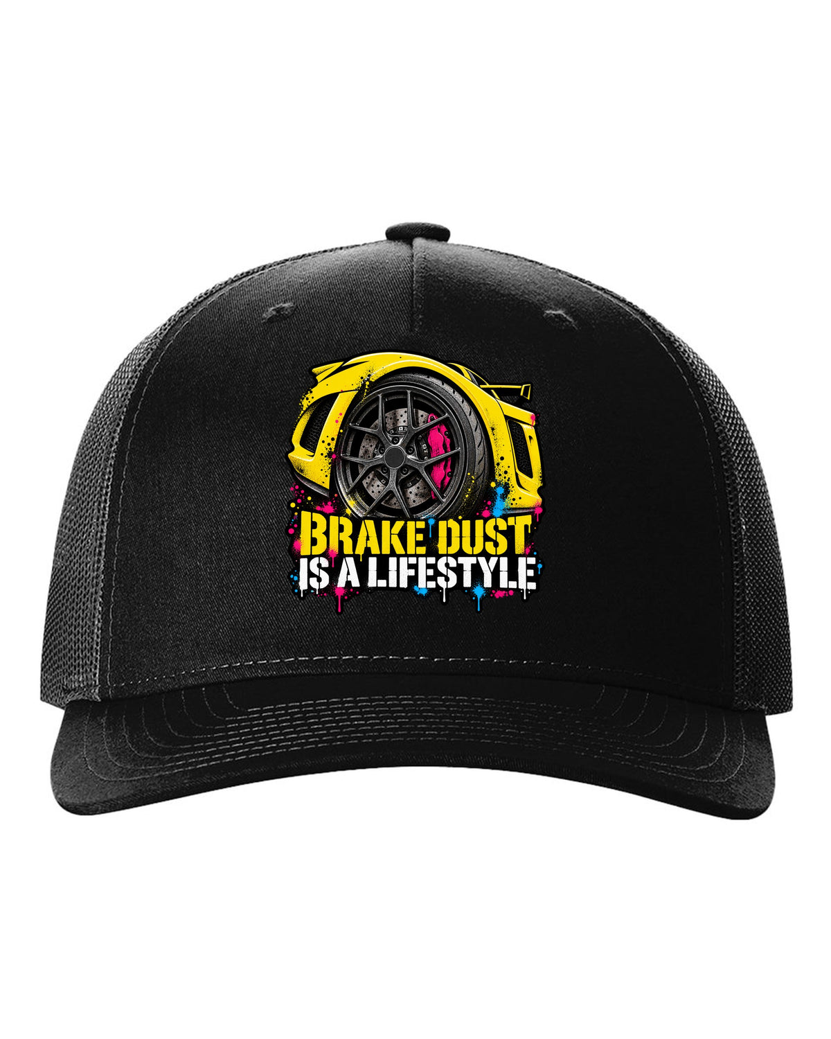 Lotus Exige stencil spray street art with BRAKE DUST IS A LIFESTYLE lettering black hat front view with the design