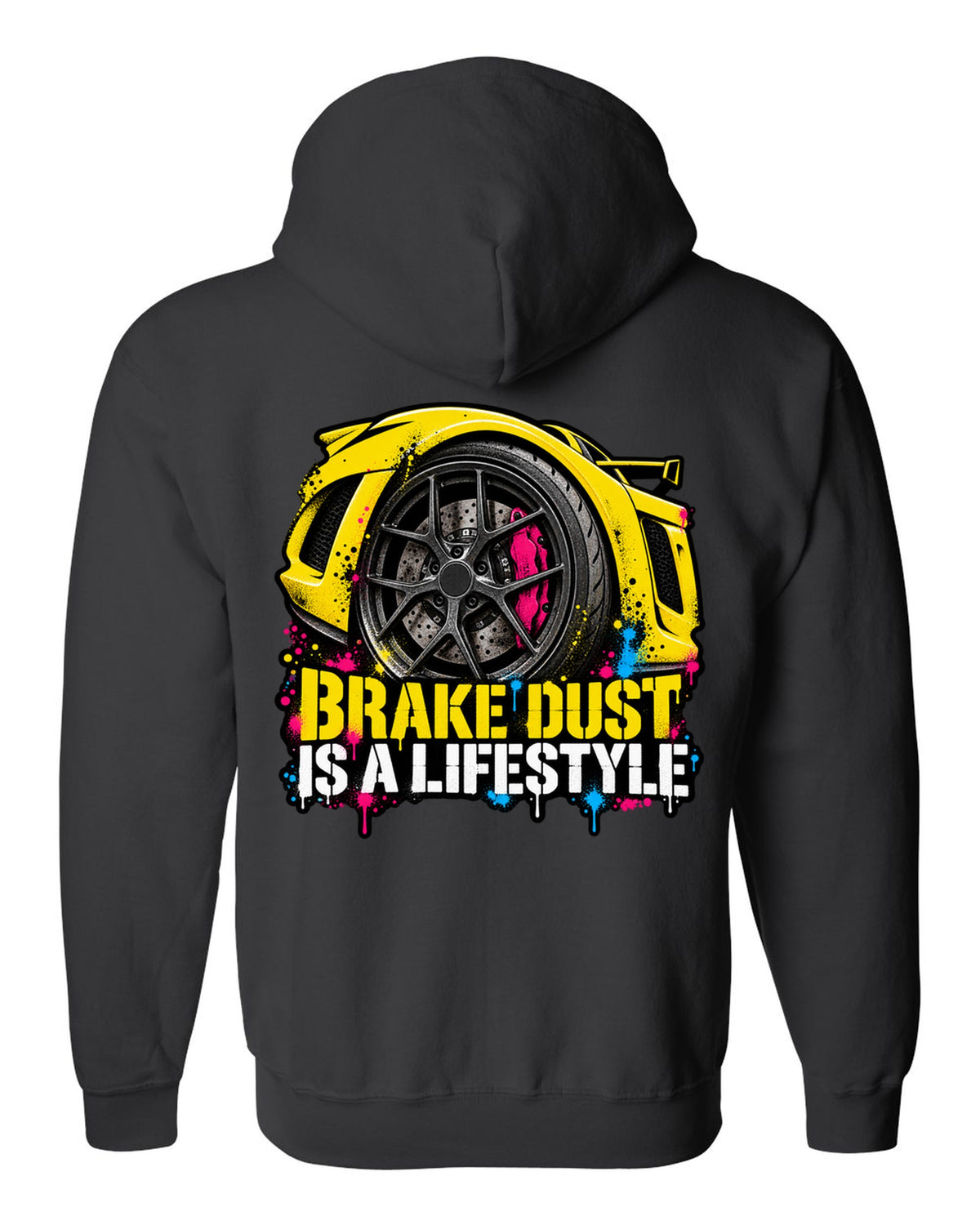 Lotus Exige stencil spray street art with BRAKE DUST IS A LIFESTYLE lettering black zip hoodie back view with the design