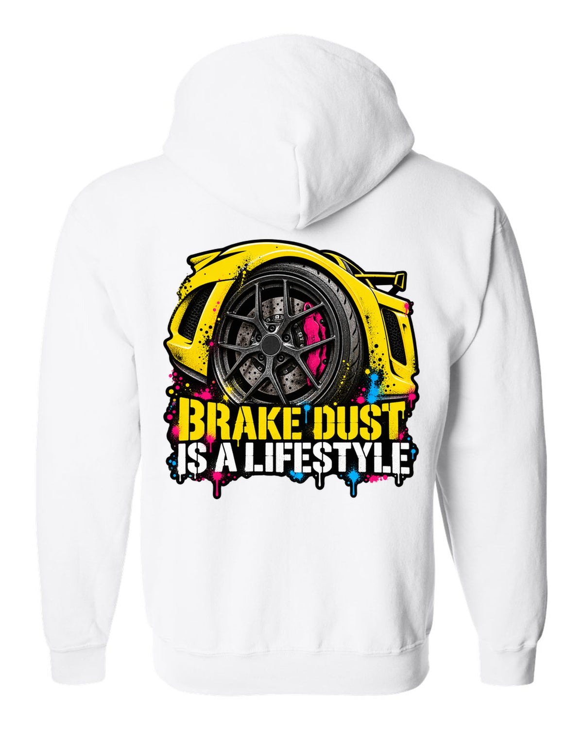 Lotus Exige stencil spray street art with BRAKE DUST IS A LIFESTYLE lettering white zip hoodie back view with the design