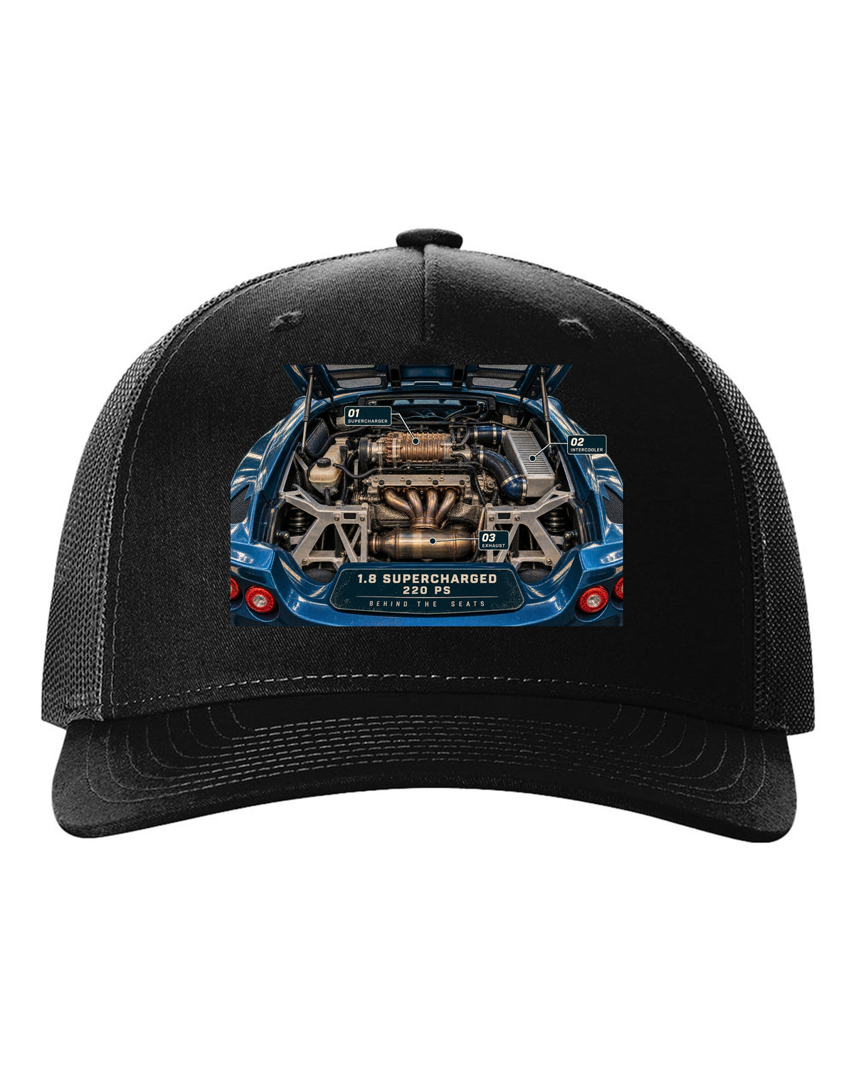 Lotus Exige S 2004 to 2011 supercharged four engine bay print with 1.8 supercharged 220 PS text black hat front view with the design
