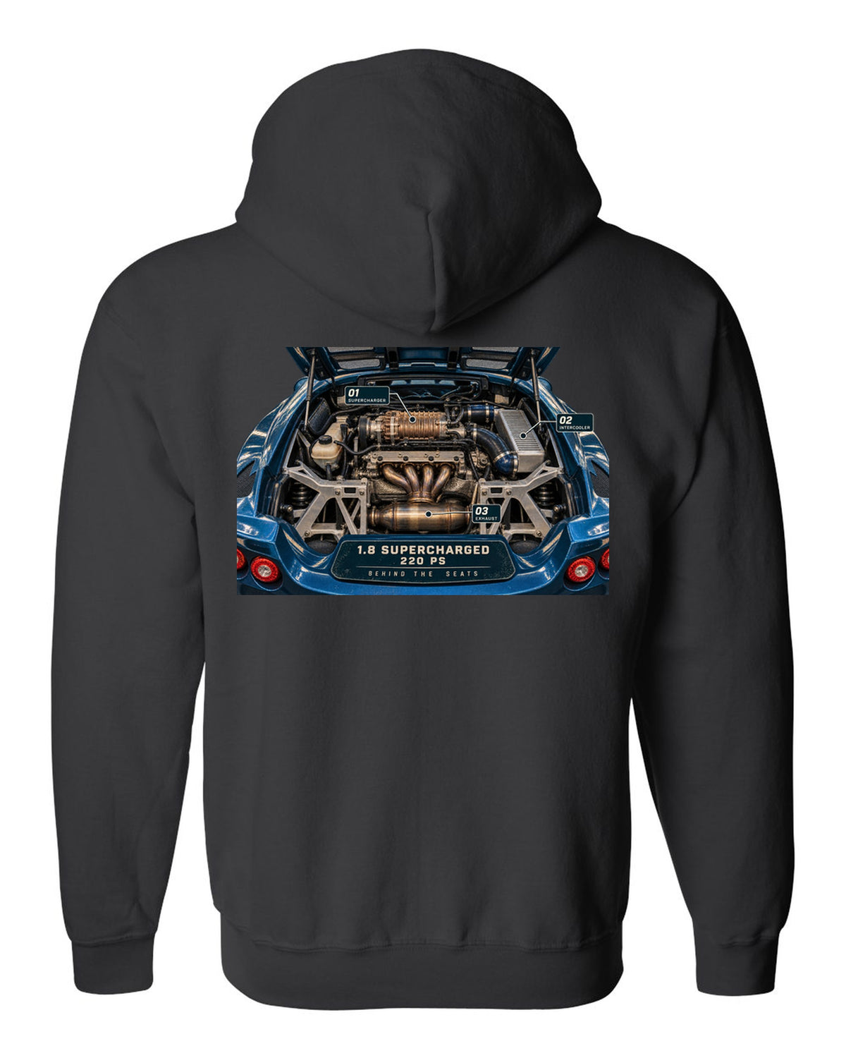 Lotus Exige S 2004 to 2011 supercharged four engine bay print with 1.8 supercharged 220 PS text black zip hoodie back view with the design