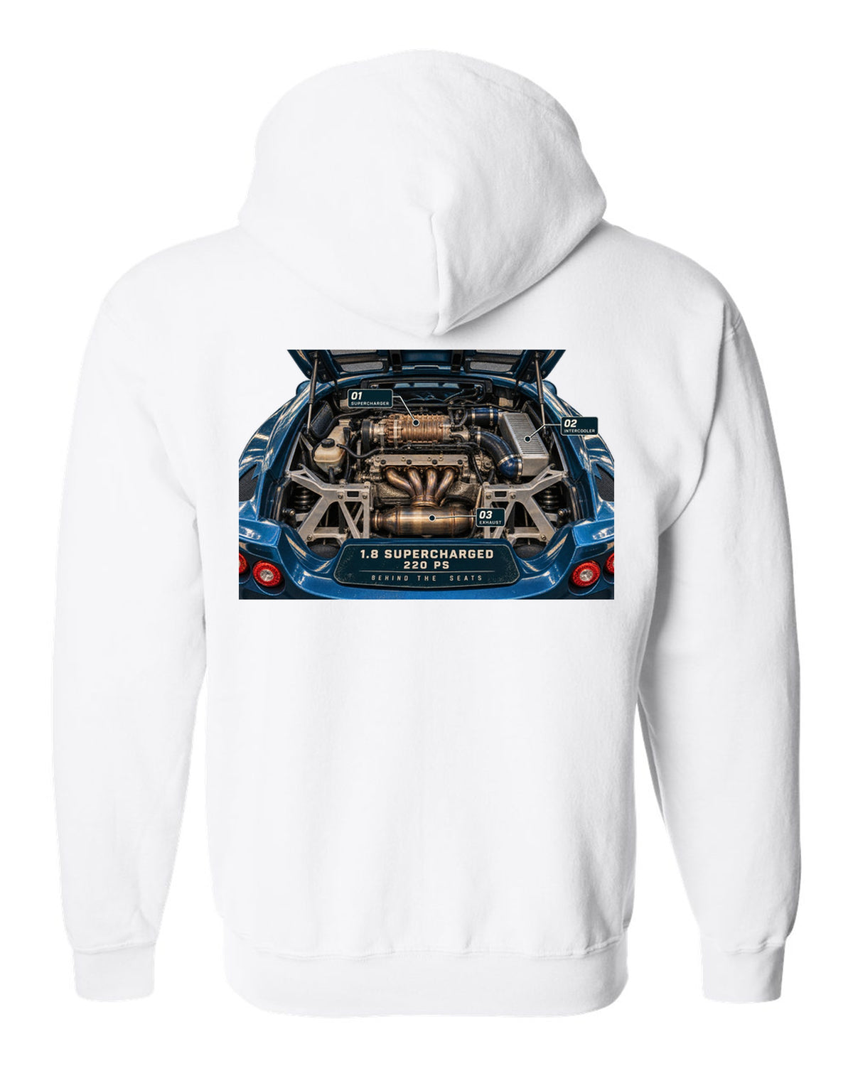 Lotus Exige S 2004 to 2011 supercharged four engine bay print with 1.8 supercharged 220 PS text white zip hoodie back view with the design