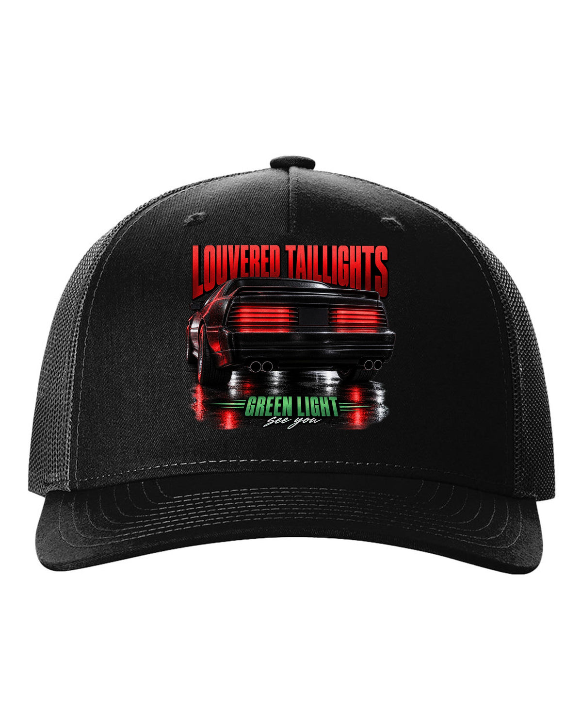 Macro print of a louvered Fox Body Mustang GT taillight, 1987-93 black hat front view with the design