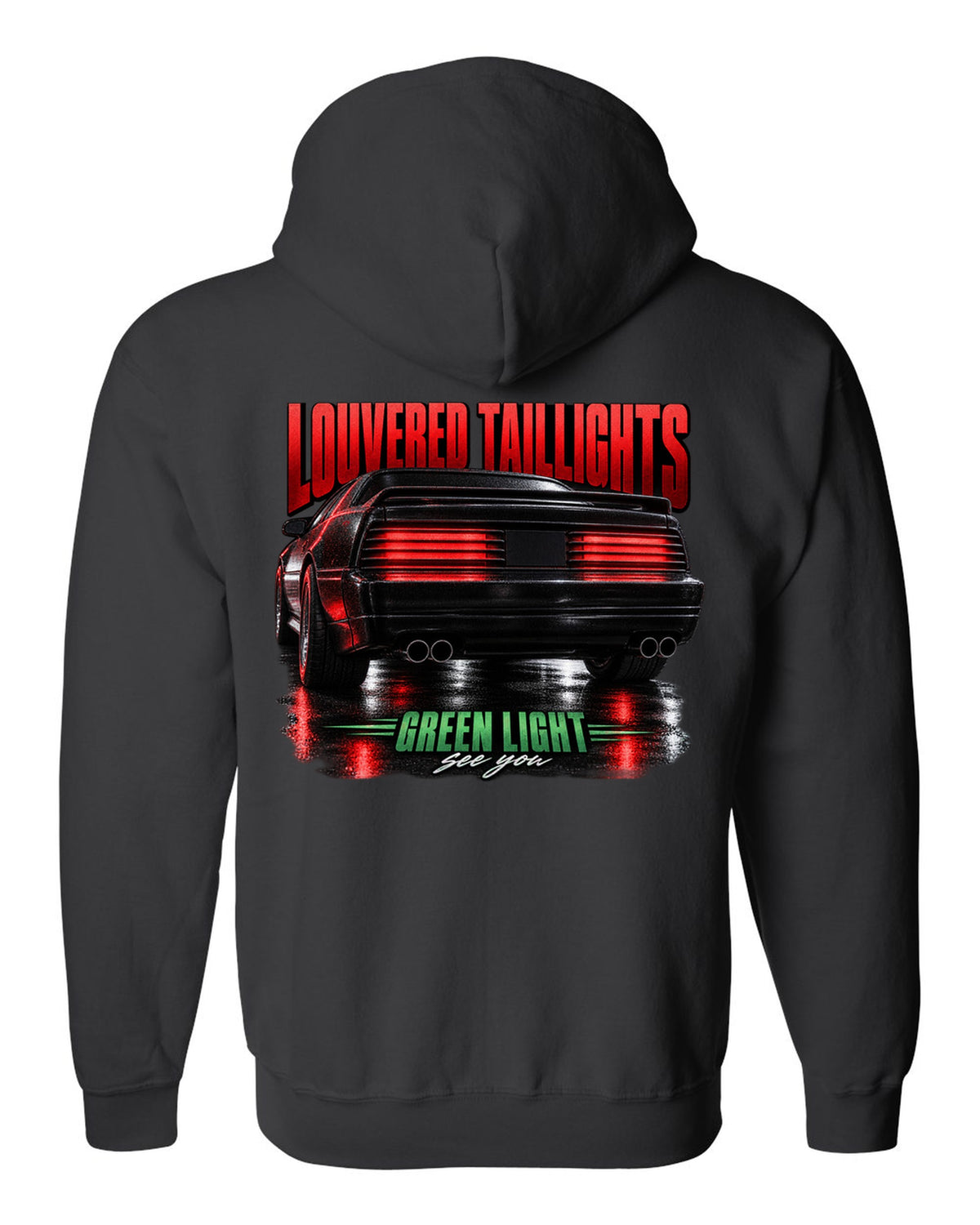 Macro print of a louvered Fox Body Mustang GT taillight, 1987-93 black zip hoodie back view with the design