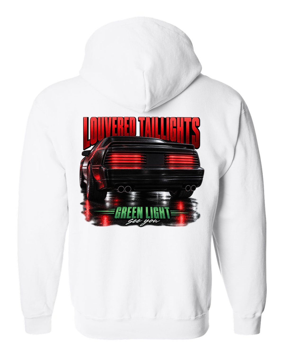 Macro print of a louvered Fox Body Mustang GT taillight, 1987-93 white zip hoodie back view with the design