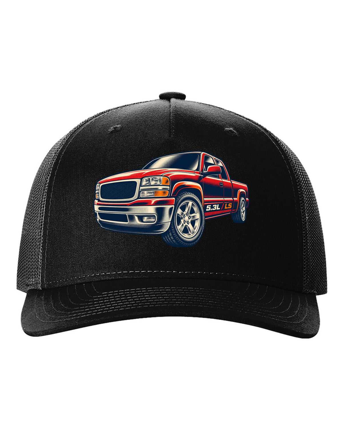 Retro screen-print wheel close-up print for a 1999-2006 Chevrolet Silverado GMT800 with 5.3L LS text black hat front view with the design