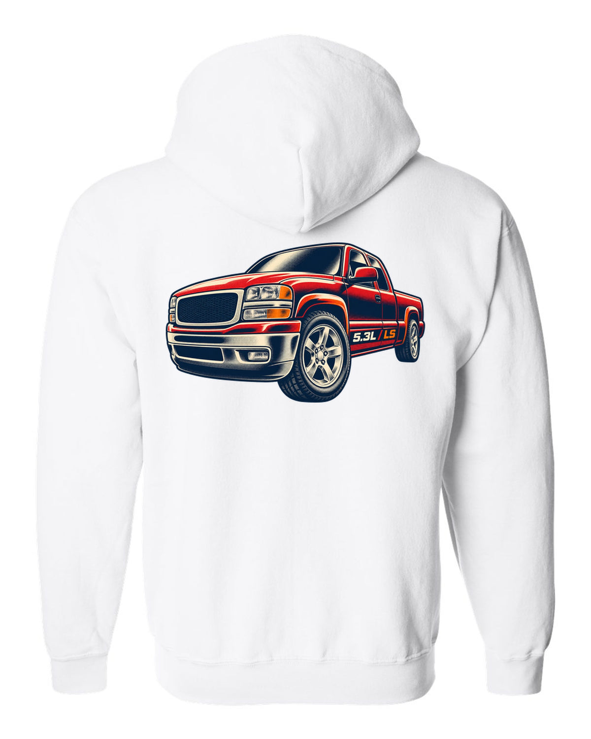 Retro screen-print wheel close-up print for a 1999-2006 Chevrolet Silverado GMT800 with 5.3L LS text white zip hoodie back view with the design