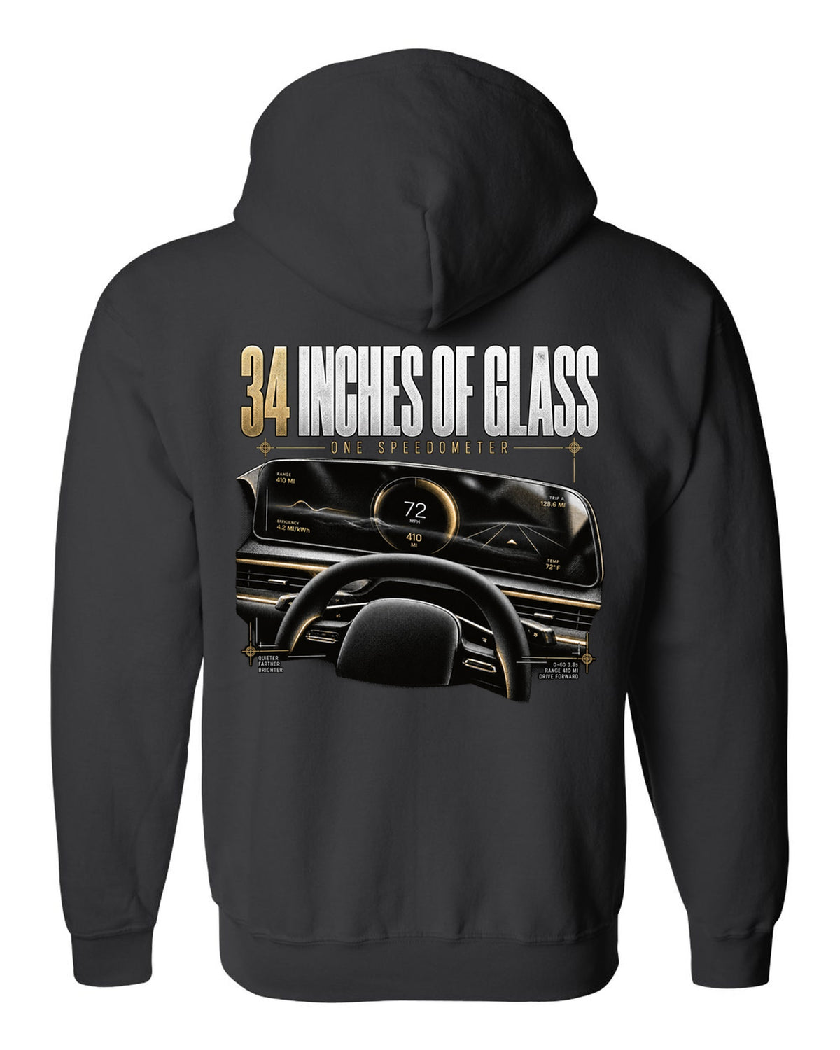 Lucid Air 2022 glass cockpit readout reading 34 inches of glass, one speedometer black zip hoodie back view with the design