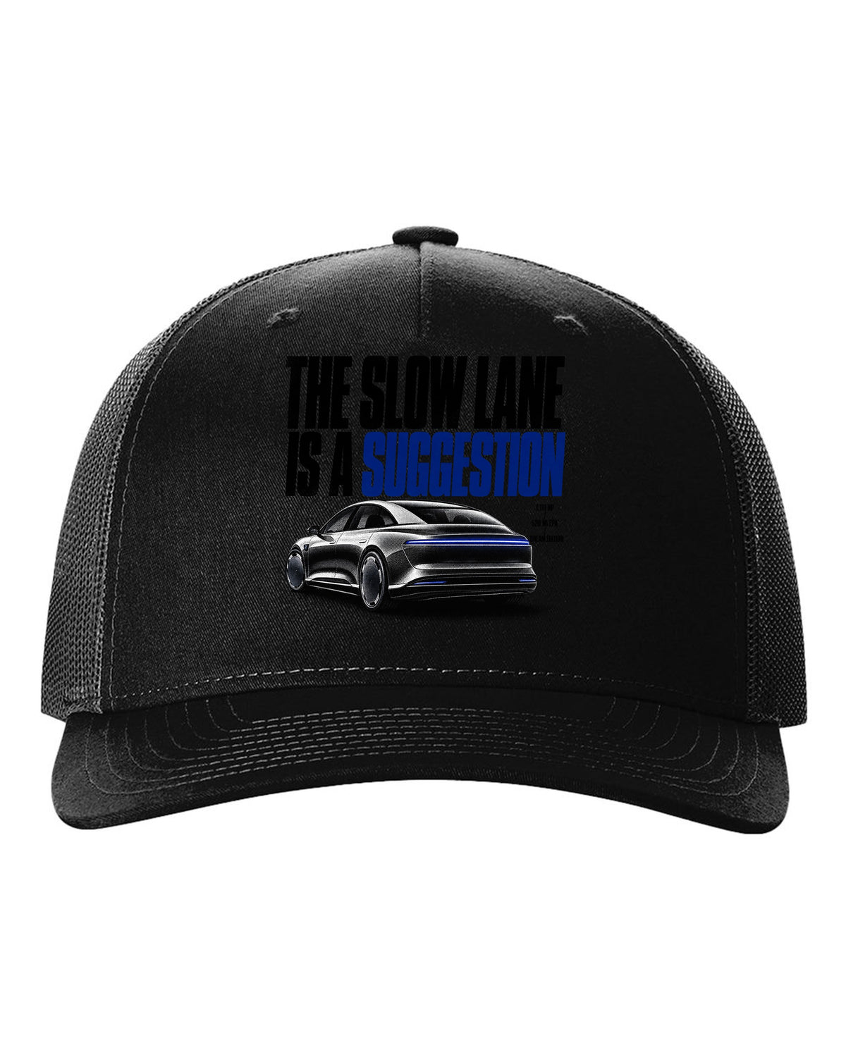 Halftone Lucid Air Dream Edition 2021 with the slow lane is a suggestion, 1,111 HP, 520 mi EPA black hat front view with the design