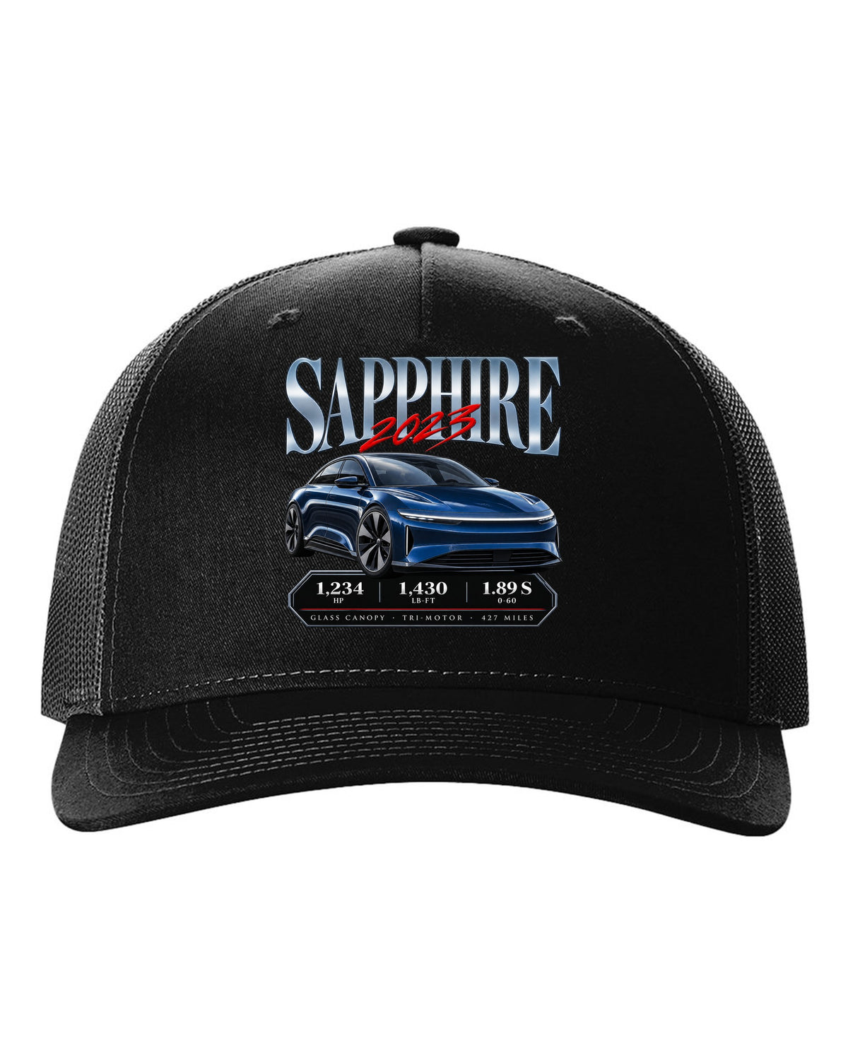 Archive panel print of a 2023 Lucid Air Sapphire with horsepower and range figures black hat front view with the design