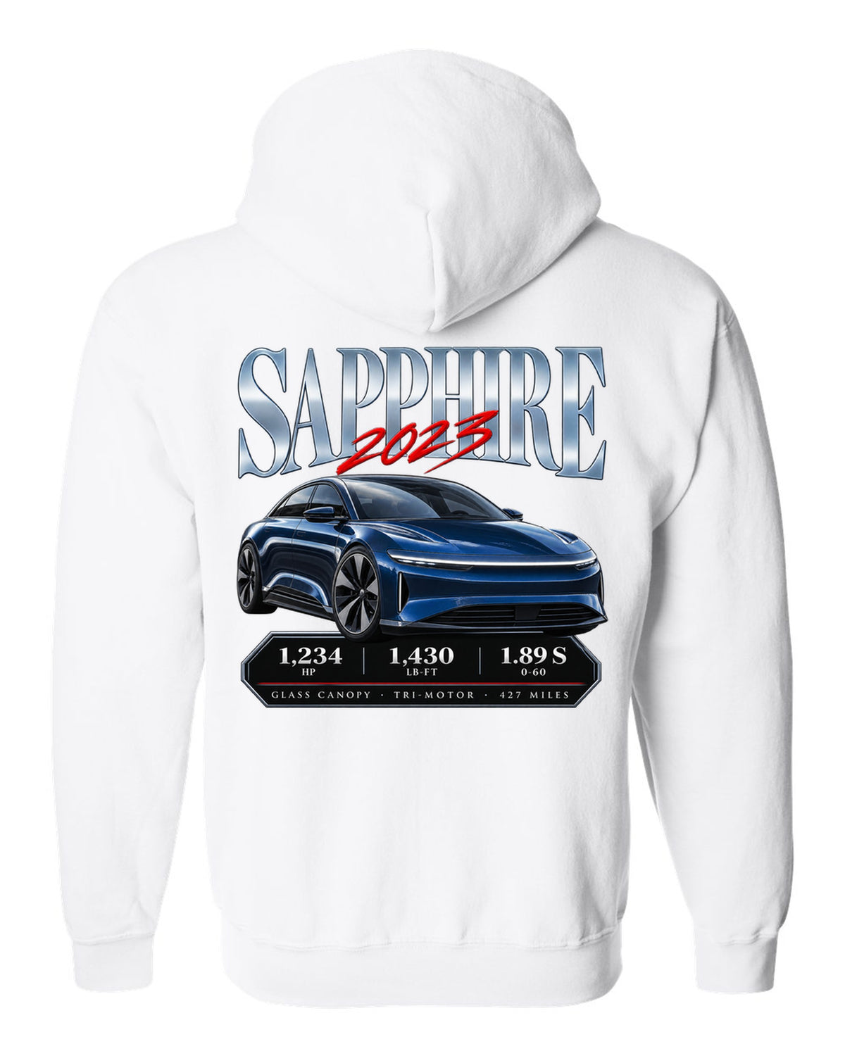 Archive panel print of a 2023 Lucid Air Sapphire with horsepower and range figures white zip hoodie back view with the design