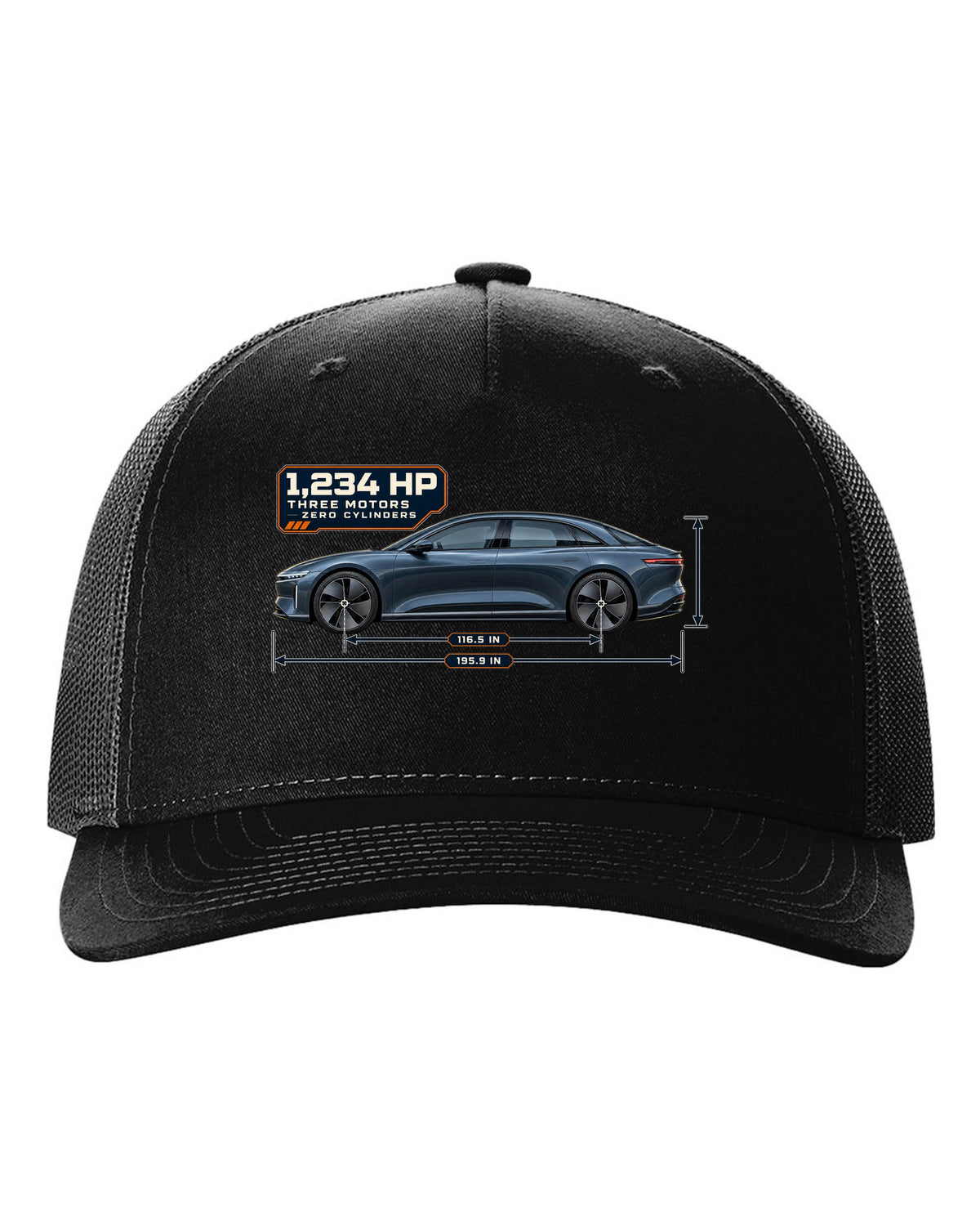 Dimension blueprint print of a Lucid Air Sapphire 2023 black hat front view with the design