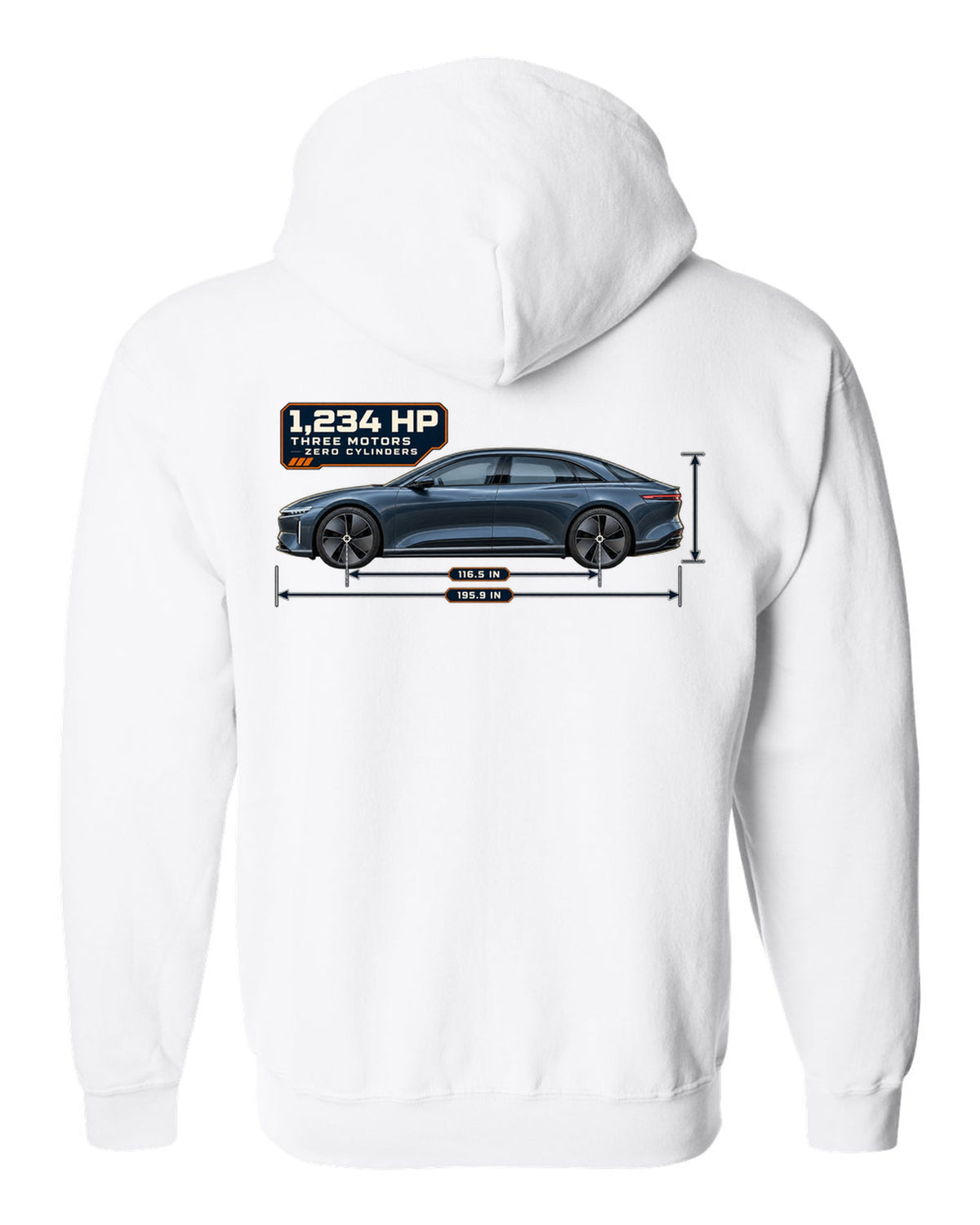 Dimension blueprint print of a Lucid Air Sapphire 2023 white zip hoodie back view with the design