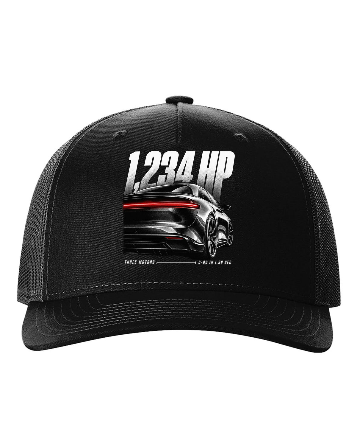 Rear detail macro of Lucid Air Sapphire 2023 with light slit and performance figures black hat front view with the design